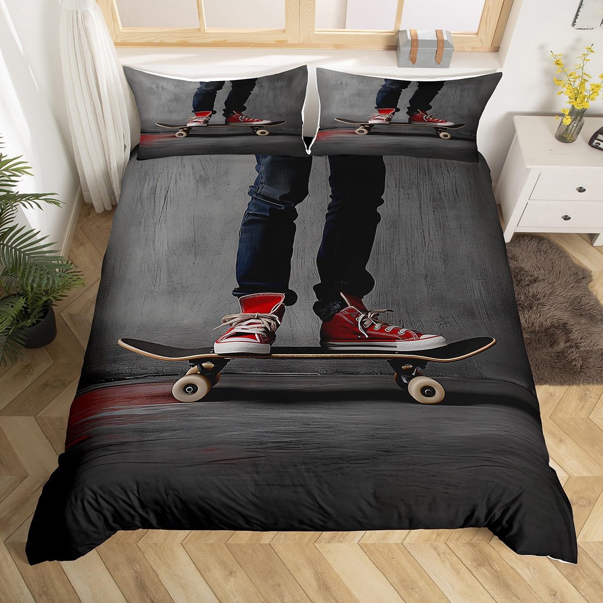 Feelyou Youth Skateboard Comforter Cover Set Boys Teenage Sports Theme Duvet Cover Hippie Skater Bedding Set 2 Pillowcases Full Size