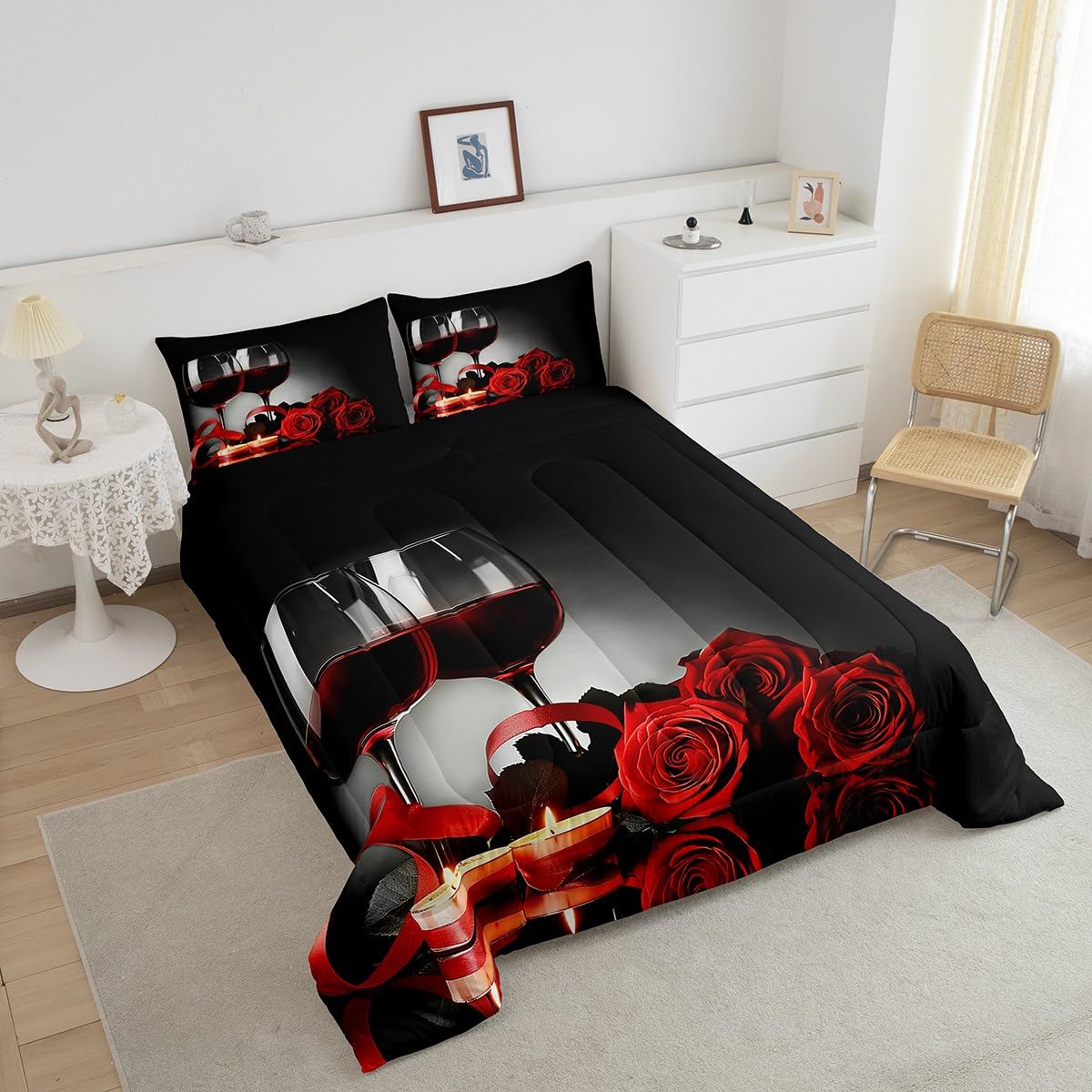Erosebridal Rose Wine Glass Comforter Set for Girls Red Black Rose Bedding Set King Size Floral Blossom Quilt Set Banquet Flower Romantic Valentine's Day Duvet Set, Women Men Adult Grey Comforter Set