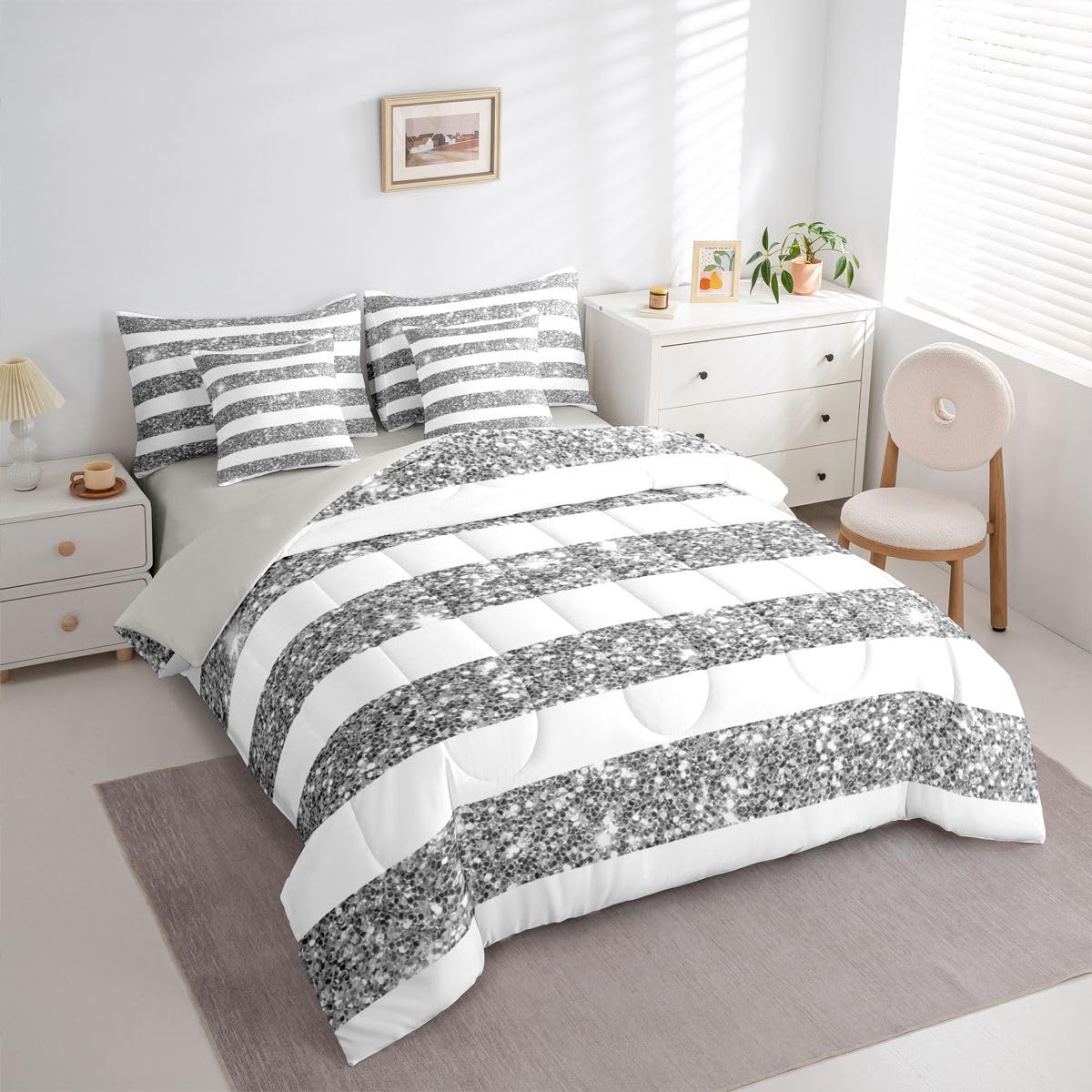 Feelyou Golden Stars Glitter Comforter Set Full Size 7 Pieces Diamond White and Grey Bedding Set for Kids Boys Girls Bling Partyations Bed in a Bag with Comforter, Sheets, Pillowcases, Covers