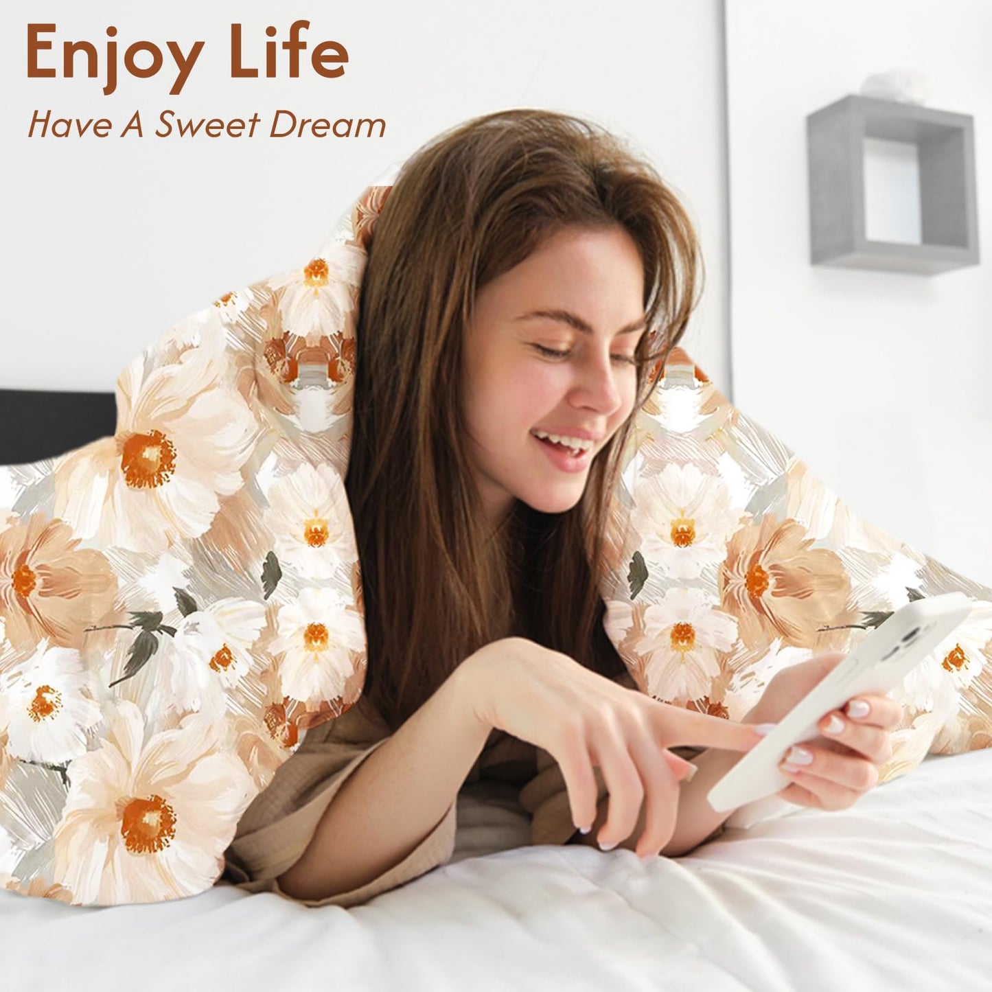 LONAVA Queen Flower 3 Pcs Duvet Cover Set, Breathable Soft Microfiber Biege Lining Comforter Cover with Zipper Closure, and 2 Anti-Pilling, Fade Resistant Pillowcases, Golden Flower