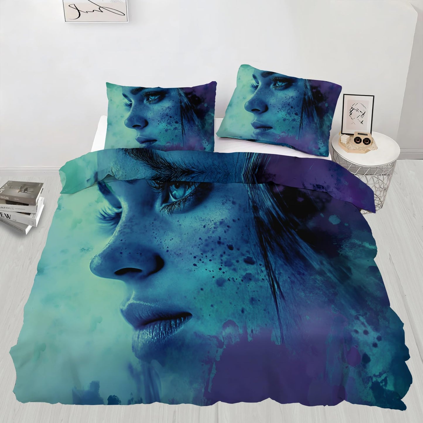 PAISUOQ Girl Bedding Sets Full, Gothic Girl Comforter Cover with Zipper Ties, Blue Duvet Cover with 2 Pillowcases, 3 Pieces，Bedroom Decor & Gifts