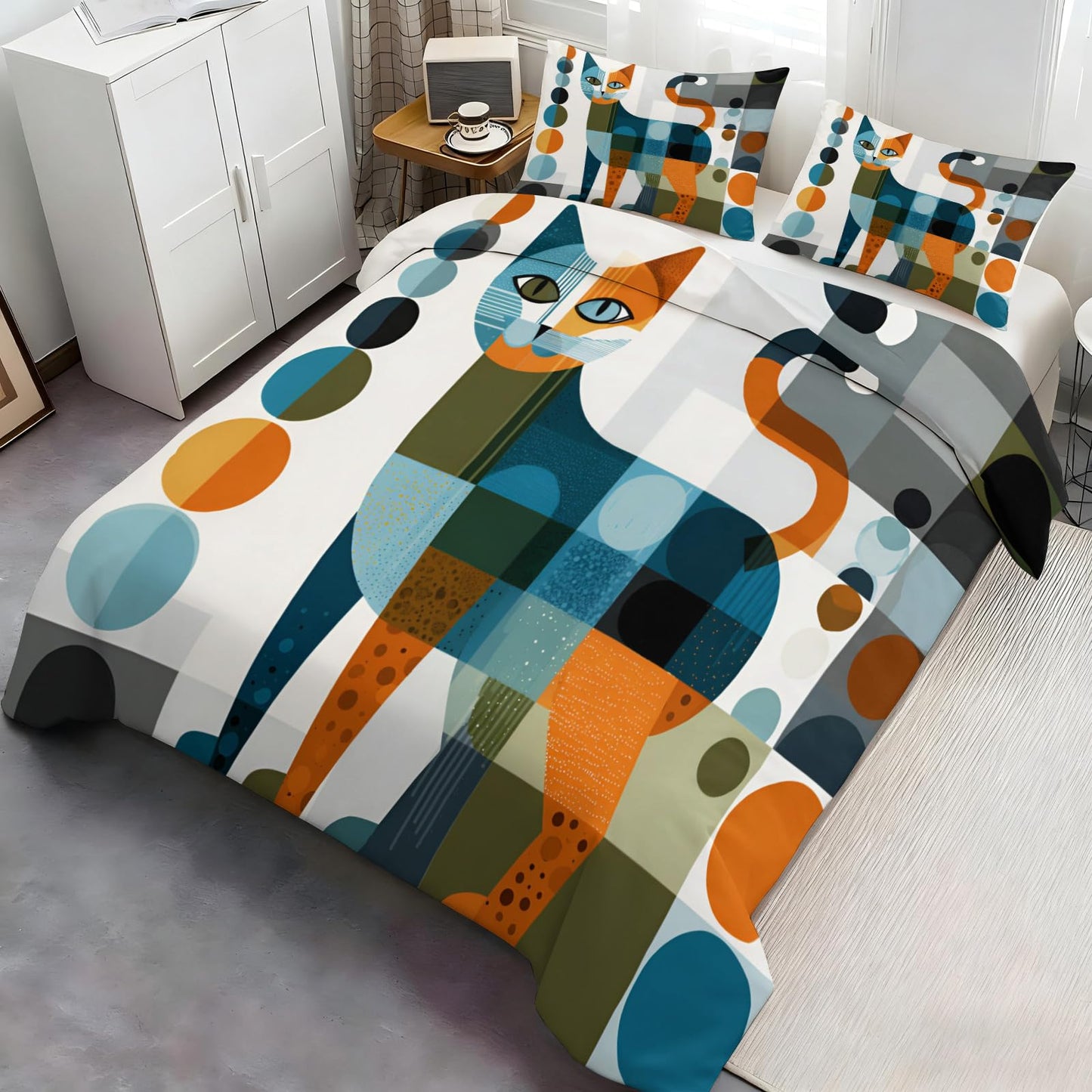 ZAMODE Cat Comforter Cover 120" x 98", Abstract Geometric Kitten Bedding Oversized King Size, Cat Lovers Duvet Cover with 2 Pillowcases