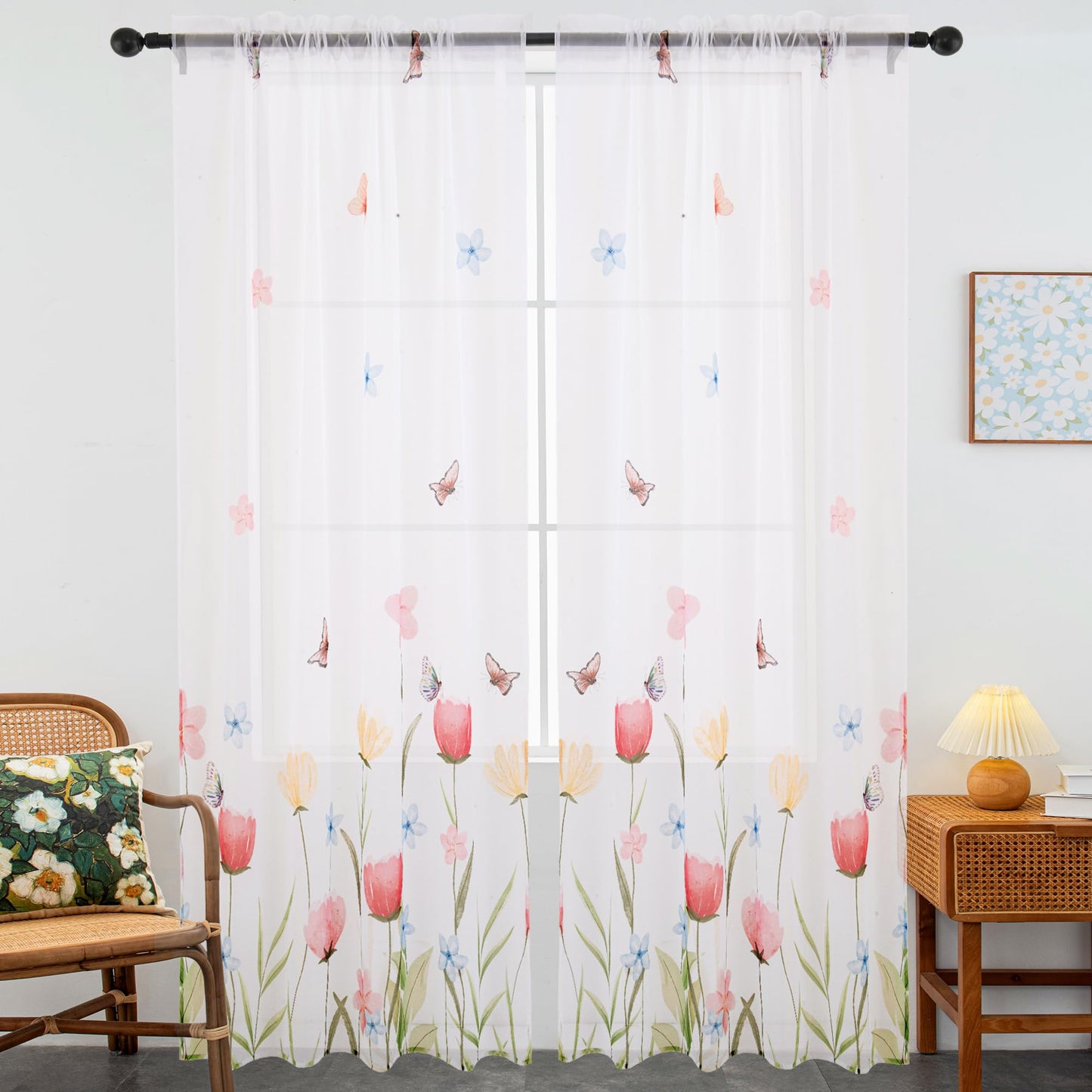 youleyar Floral Sheer Curtains for Living Room 63 Inches Long 2 Panels White Semi-Sheer Curtain with Flower/Butterfly Printed Pattern Summer/Spring Rod Pocket Voile Drapes for Bedroom, W52 x L63