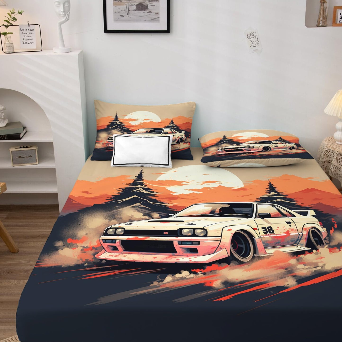 zcsm JDM Car Sheets King Sheet Sets - Japanese Race Car Bed Sheets, Soft Microfiber & Deep Pocket & Wrinkle Free Patterned Bedding Sheets & Pillowcases, 1 Fitted Sheet, 1 Flat Sheet, 2 Pillow Cases