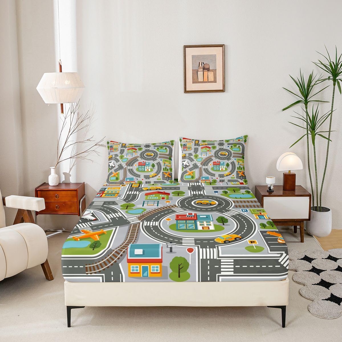 Manfei City Traffic Map Fitted Sheet Set Crossroad Street Airplane Bedding Set for Kids Bedroom Cartoon Cute Car Building Bed Sheet Set 3pcs Deep Pocket Mattress Cover,No Top Flat Queen Gray Black