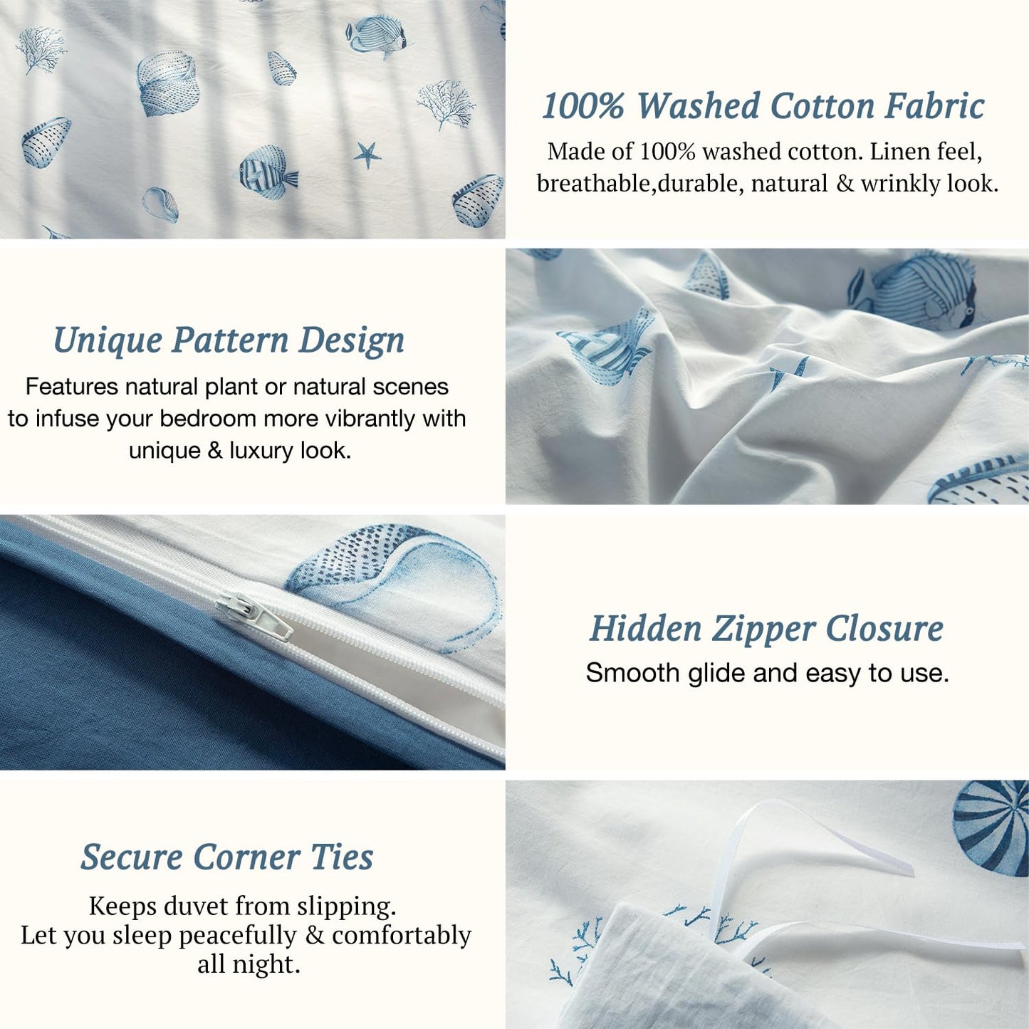 MILDLY Blue Seashell Pattern Duvet Cover Set Nautical Comforter Cover 3pcs