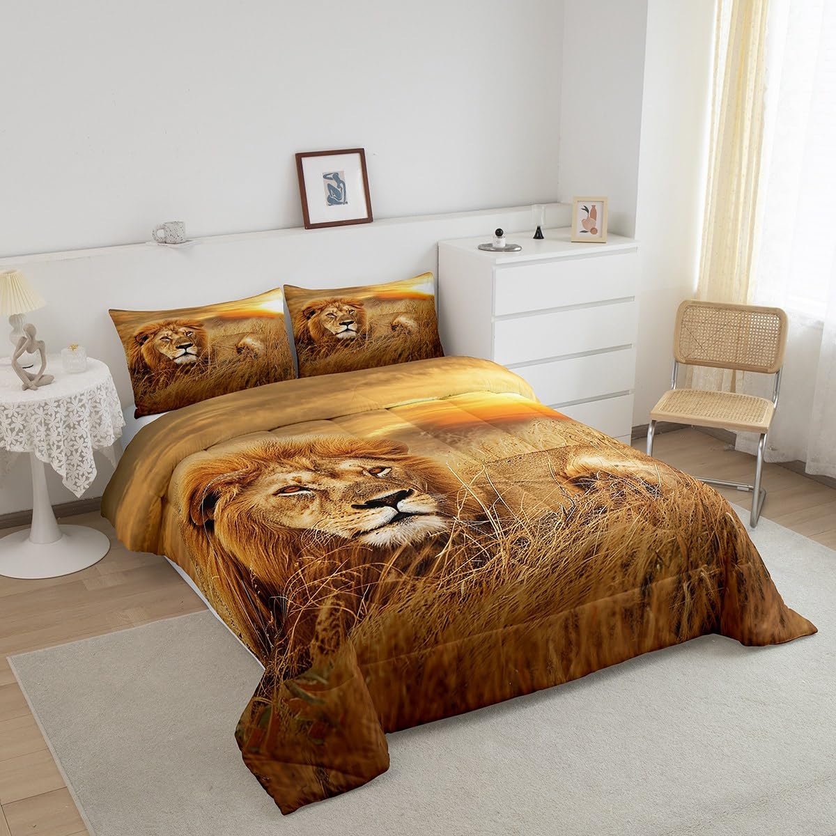 Lion Comforter Set Queen Size,3D Print Wild Animals Bedding Set for Teens Adult Men Room Decor,Natural Sunset View Quilt Set Rustic Prairie Duvet Insert 3pcs with 2 Pillowcases