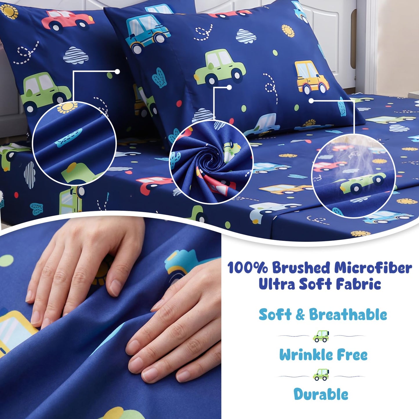 Ocharo Kids Sheet Set Full Size,Boys Sheet Set with Colorful Cars Pattern,Kids Cute Car Bed Sheet Navy Blue Soft Microfiber Deep Pocket Bedding Sheets and Pillowcases 4 Pieces.
