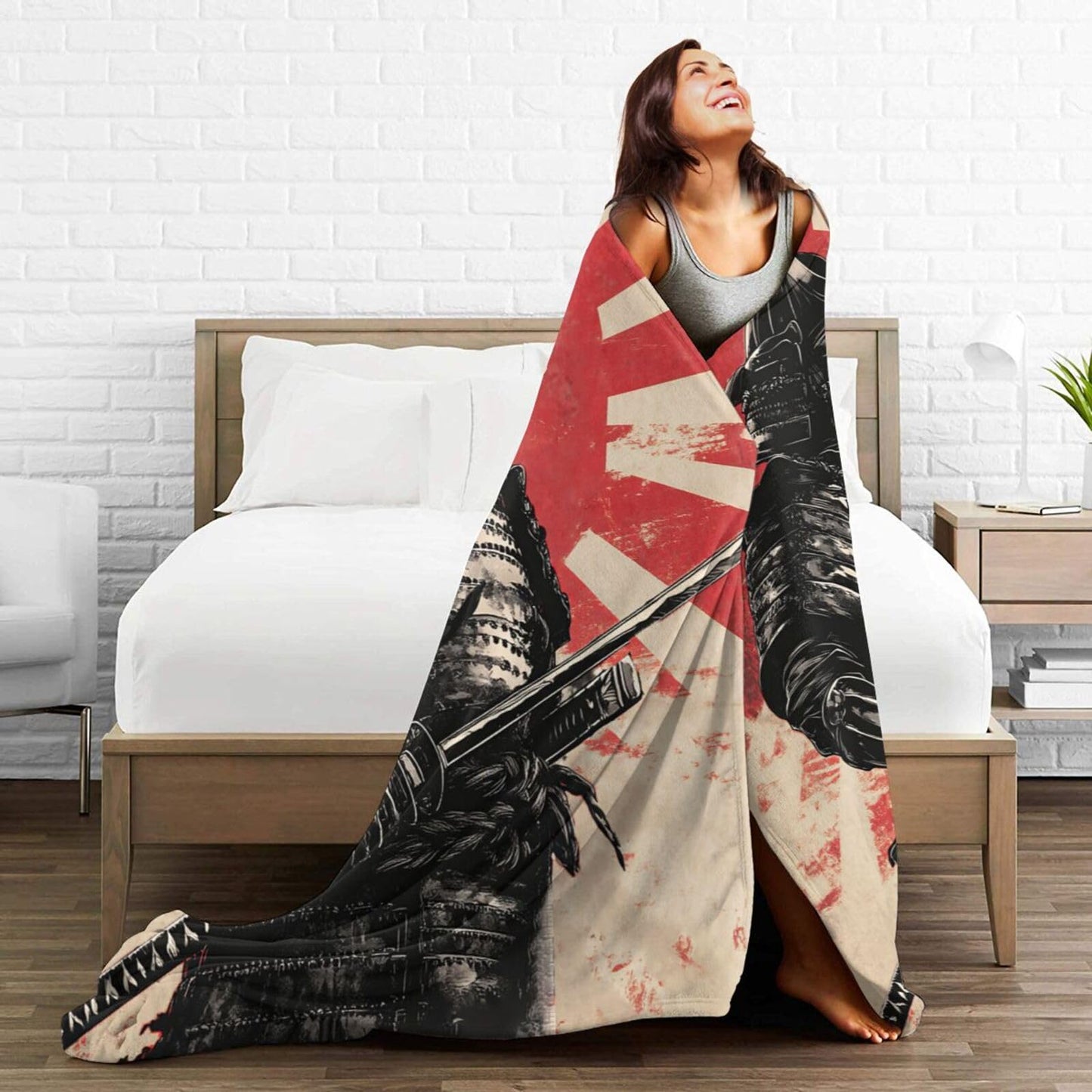 Japanese Samurai Throw Blanket Asian Warrior Flannel Blankets Japan Bushido Fuzzy Plush Super Soft Cozy Warm Decor Gifts for Boys Girls Kids Adults Men Women 40" x 50"