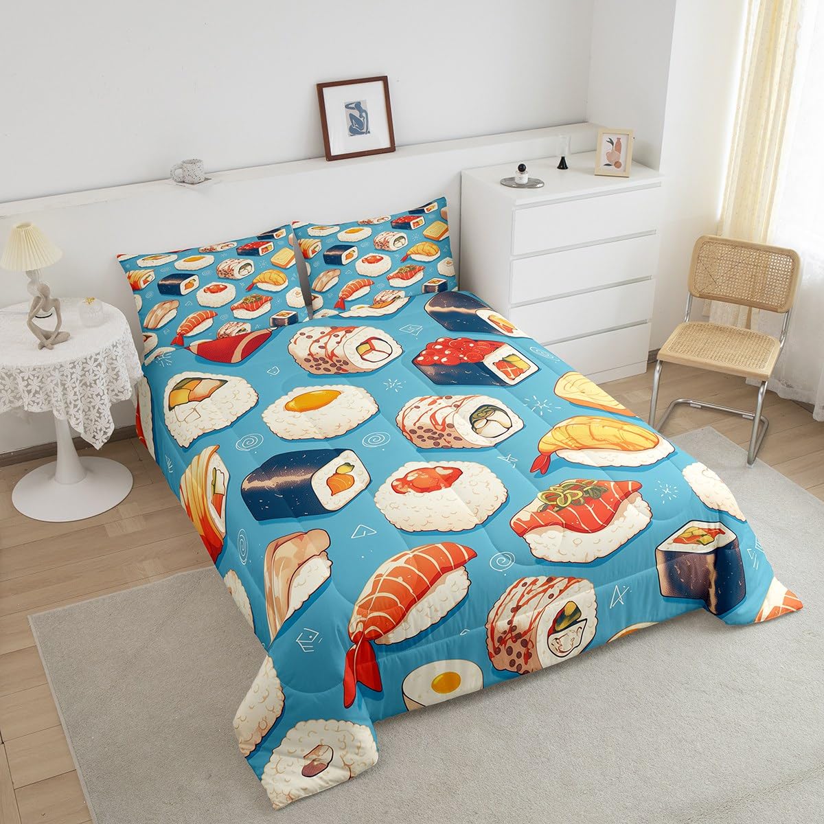 Erosebridal Kids Sushi Comforter Set Queen Size,Japanese Sushi Bedding Set Funny Gifts for Teens Adults,Anime Style Quilt Bed Set Food Themed Bed Comforter Sets with 2 Pillowcases Bedroom Decor