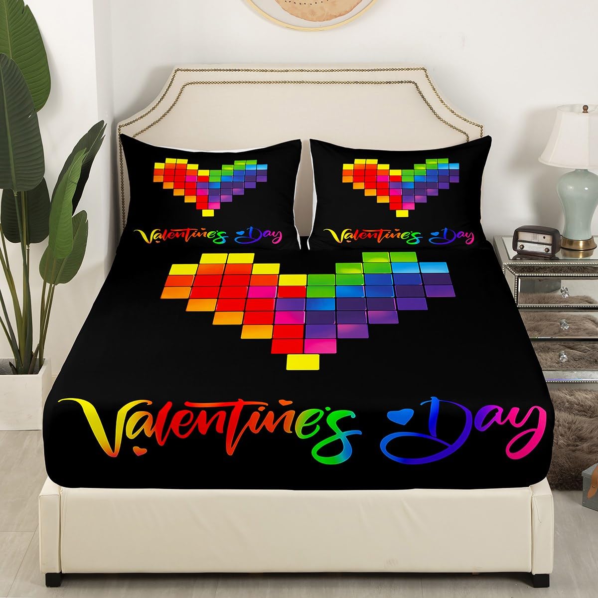 Feelyou Boys Girls Valentine's Day Bedding Set Full Size, Rainbow Bed Sheet Set Love Heart Fitted Sheet Kids Romantic Teens Bed Cover Bedroom Decor Lightweight Bed Set (No Flat Sheet)