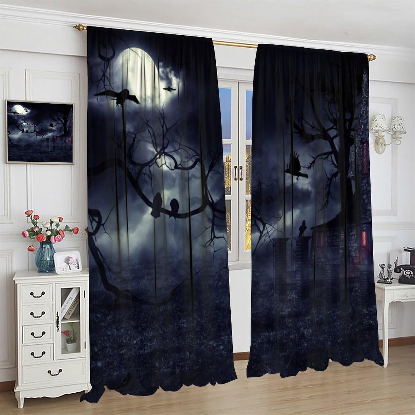 DDCBNS Gothic Curtains,Dark Forest Crow Black Raven Window Treatments for Bedroom Living Room Kitchen Horror Halloween Window Drapes 2 Panel Set,Total Size 42 x 45 Inch