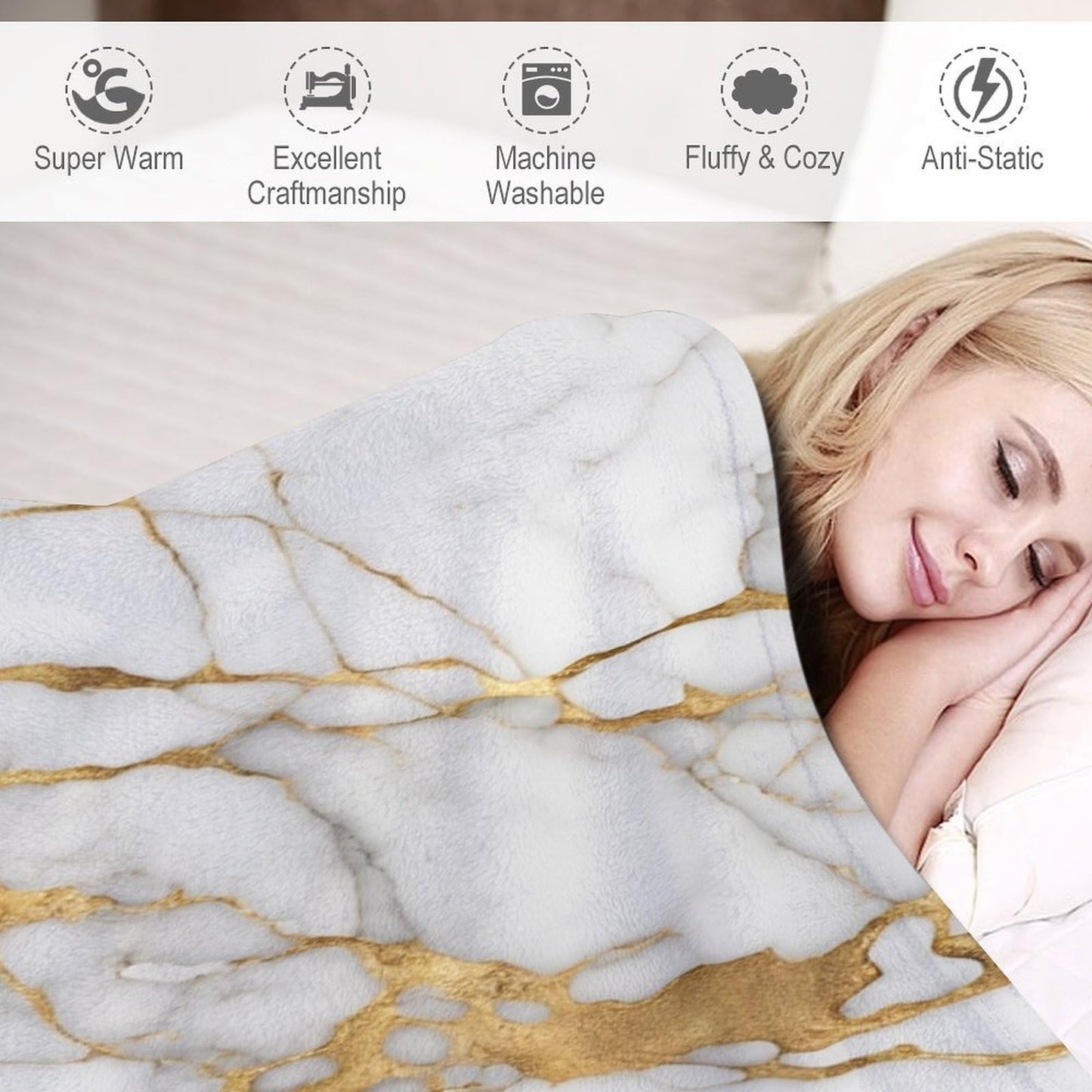 Marble Throw Blanket for Bed Sofa, 40"x50" Super Soft Warm Cozy Fluffy Plush Blanket, Modern Abstract Foil Texture White Gold Marble Flannel Couch Blanket for Travel Camping