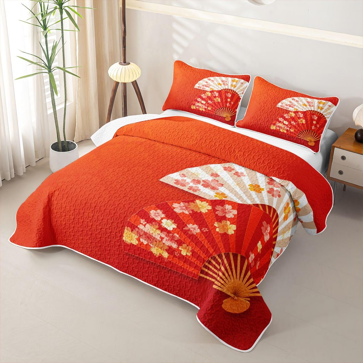 Erosebridal Japanese Red Quilts Twin Size - Folding Fans Bedspread Coverlet Set, Sakura Cherry Blossom Gift Quilt Coverlets 2Pcs (Only 1 Pillowcase)