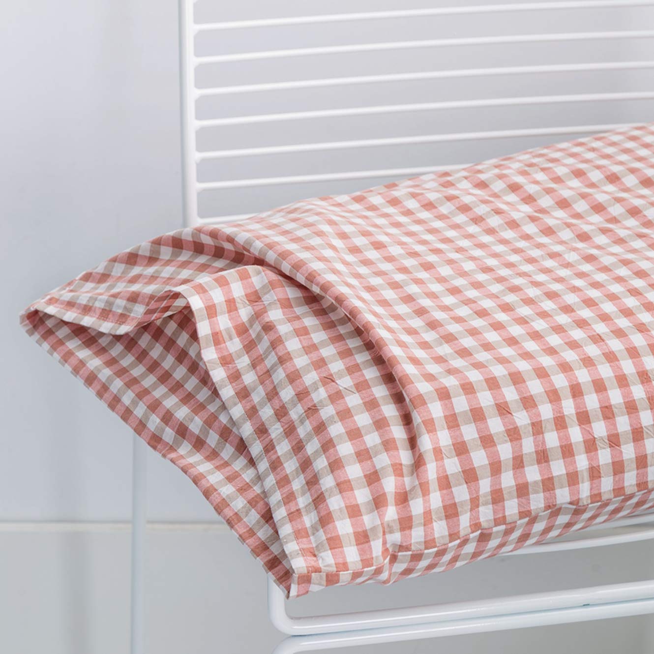 SUSYBAO Orange Gingham Plaid Duvet Cover Queen 100% Washed Cotton Coral Grid Duvet Cover Set 3 Pcs 1 Checkered Gingham Duvet Cover with Zipper Ties 2 Pillowcases Luxury Soft Orange Plaid Bedding Set