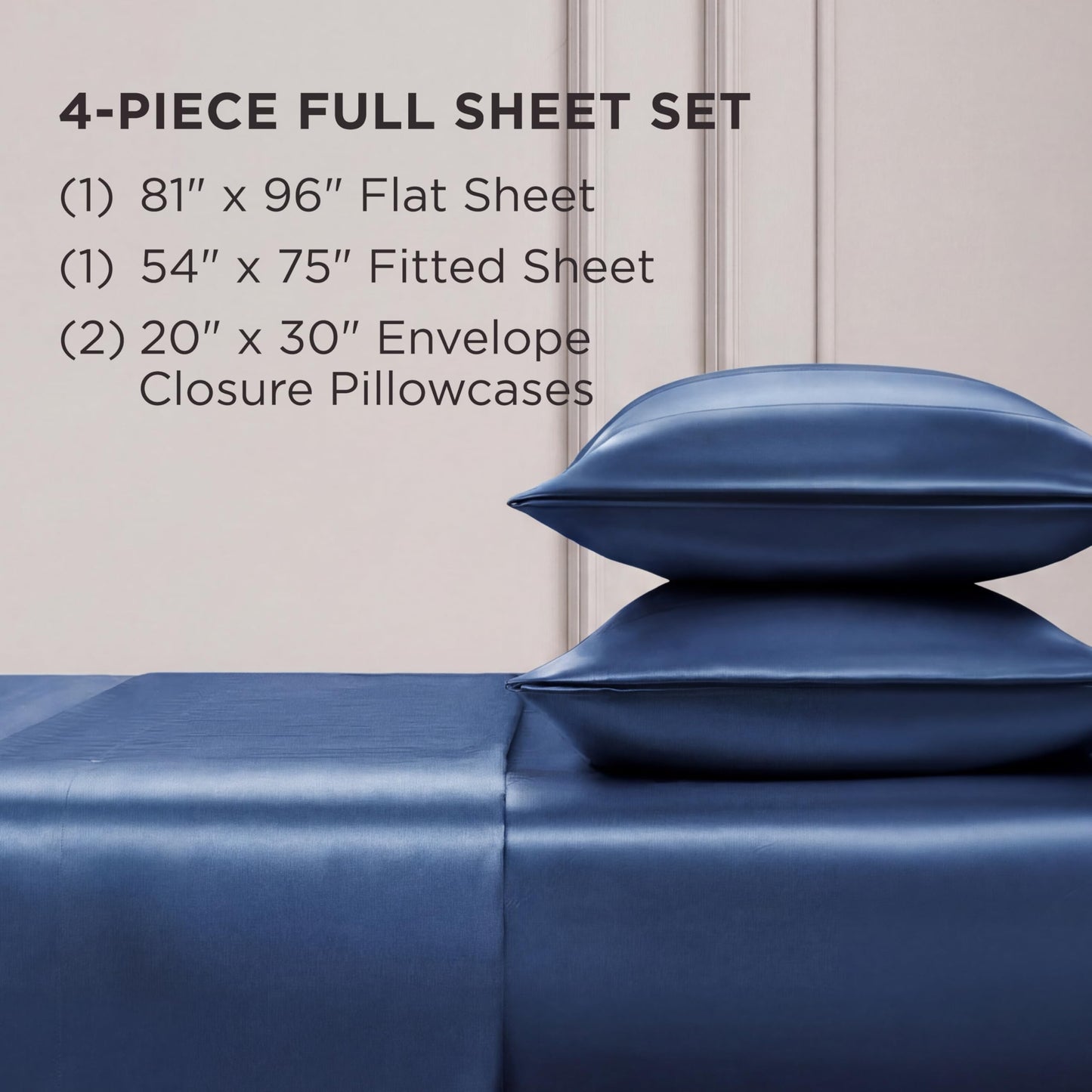 Juicy Couture Full Size Satin Bed Sheet Set, Deep Pocket Silky Satin Full Sheet Set with 1 Fitted Sheet, 1 Flat Sheet and 2 Pillowcases, Wrinkle Resistant and Anti Pilling Bed Sheets - Dark Blue