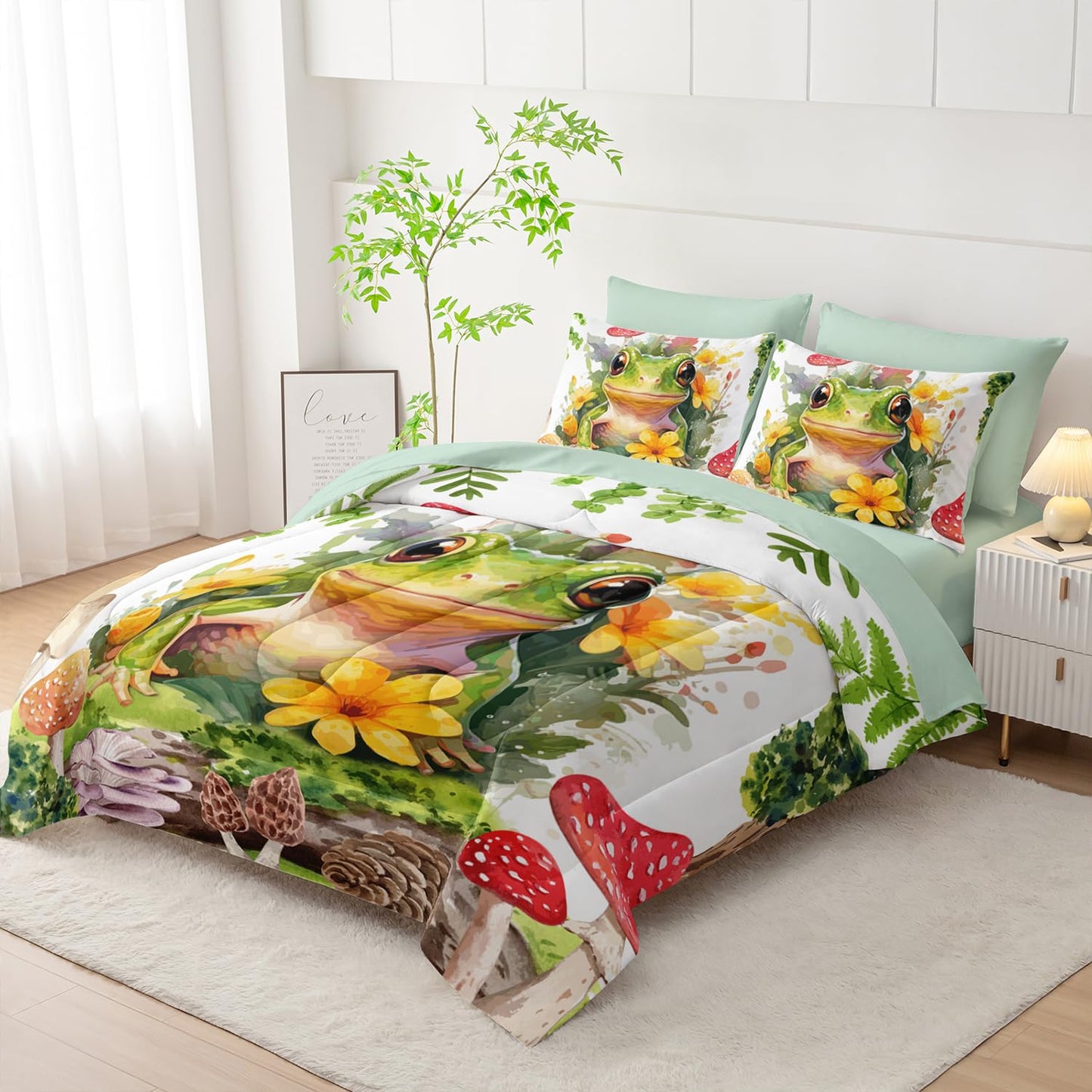 AILONEN Green Frog Comforter Set Twin 7-Piece Bed in a Bag,Tropical Amphibian Tree Frog Bedding Set for Kids Boys Girls,Soft Comforter & Fitted Sheet with Flat Sheet,2 Pillowcases,2 Pillow Shams
