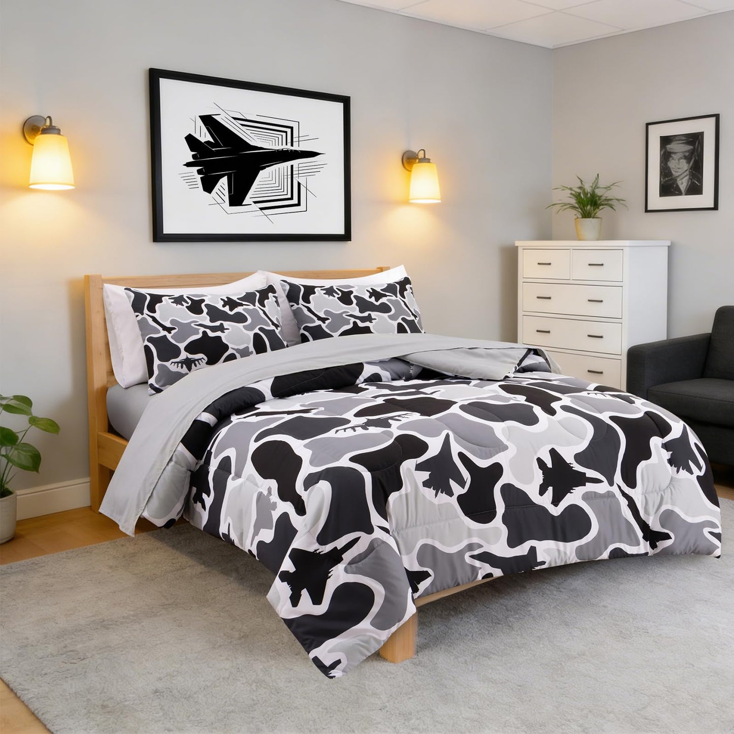 Holawakaka Kids Teens Fighter Jet Camouflage Bedding Set, 5-Piece Queen Size Comforter Set with Sheets, Aircraft & Camo Print Bed in A Bag for Boys, Men's Bedroom, Dorm, Loft