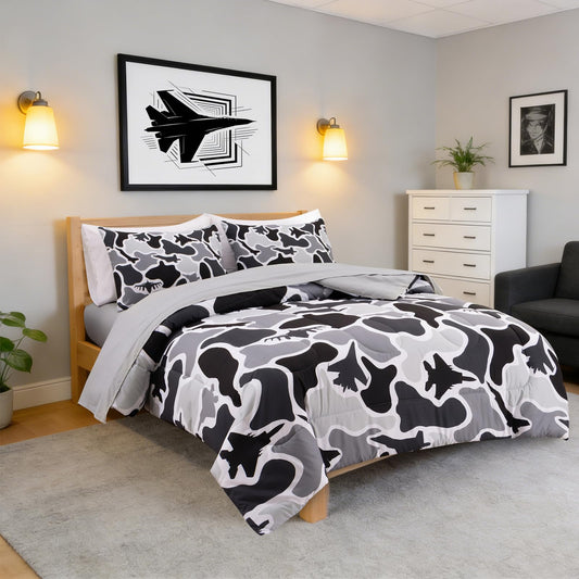 Holawakaka Kids Teens Fighter Jet Camouflage Bedding Set, 5-Piece Queen Size Comforter Set with Sheets, Aircraft & Camo Print Bed in A Bag for Boys, Men's Bedroom, Dorm, Loft