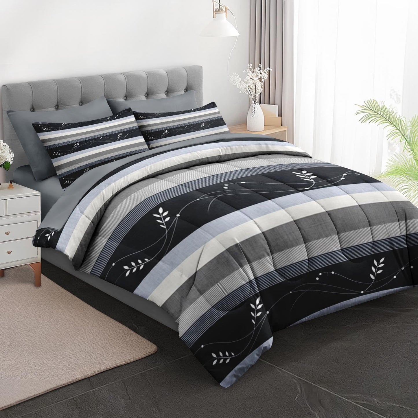 Boewywh Comforter Set Twin Size Striped Leaf Farmhouse 7 Pcs, Bedding for Kids and Adults, Bed Sheet Sets with Fitted Sheet 2 Pillowcases & 2 Shams for Bedroom Bed Decor