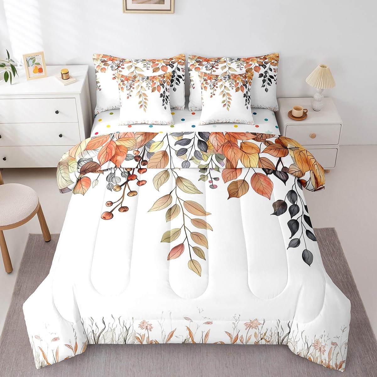Erosebridal Eucalyptus Leaves Comforter Set Full Size,Oil Painting Trees Leaf Bedding Set for Kids Teens,Fall Leaves (Comforter+Fitted+Flat Sheet+2 Pillowcases+2 Throw Pillow Covers) 7 Pieces Bed Set