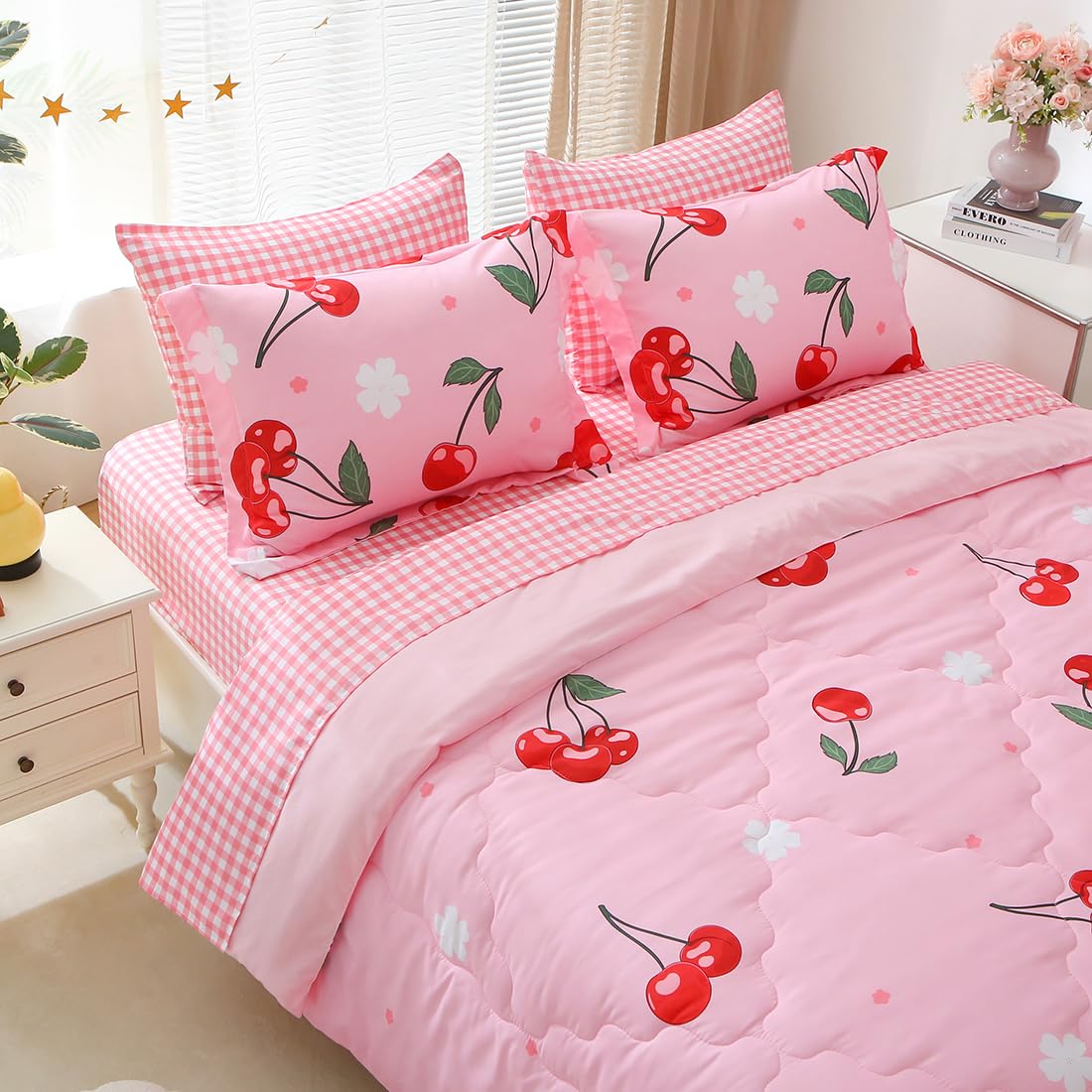 Gusuhome Girls Cherry Comforter Bedding Set Twin Size 7 Piece Pink Oriental Cherry Comforter Set Bed in A Bag for Kids Teens All Season (Comforter,Flat Sheet,Fitted Sheet and Pillow Sham)
