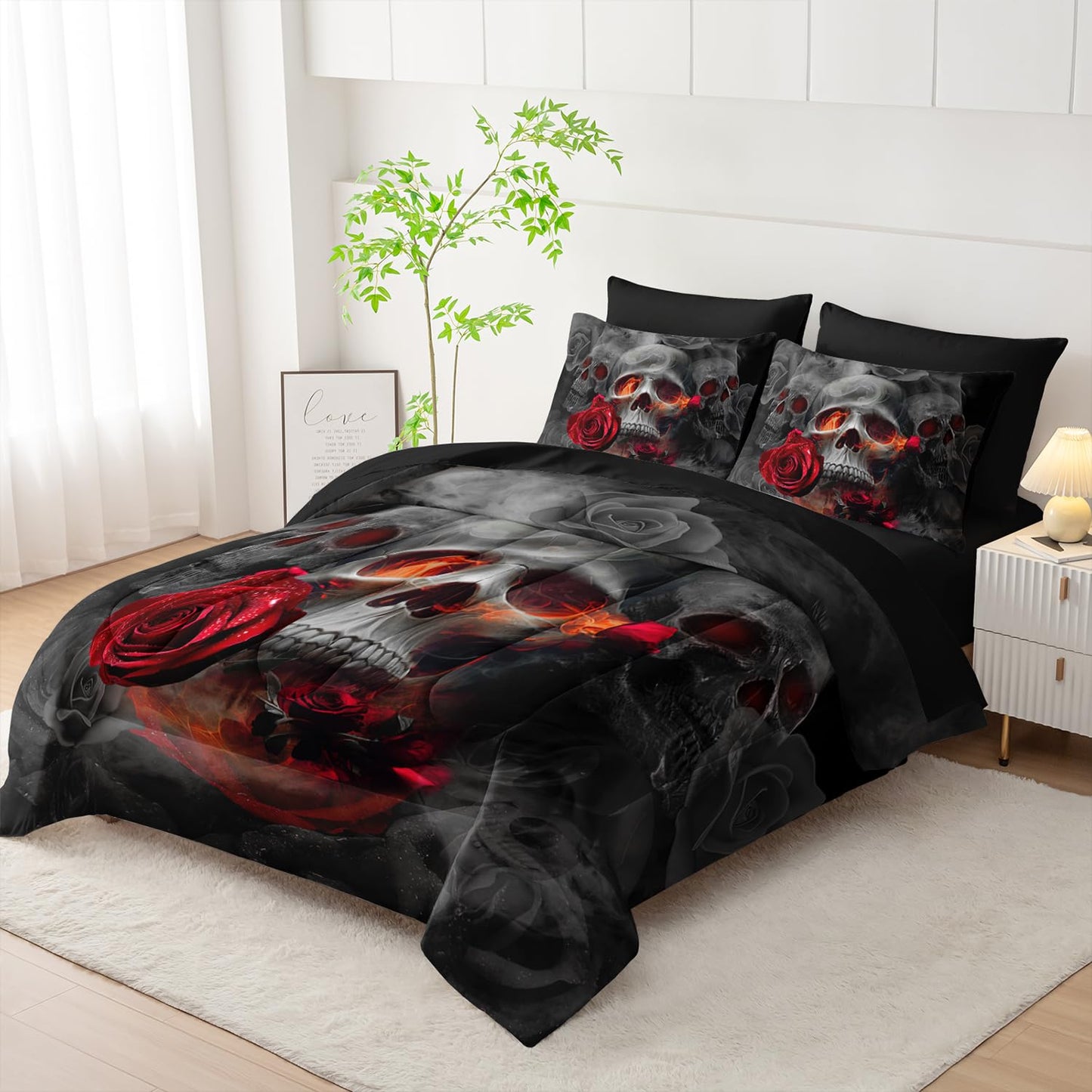 AILONEN Gothic Skull Comforter Set Full,7-Piece Romantic Rose Smoky Skull Bed in a Bag for Boys Girls Kids,Soft Comforter & Fitted Sheet with Flat Sheet & 2 Pillowcases,2 Pillow Shams for Bedroom