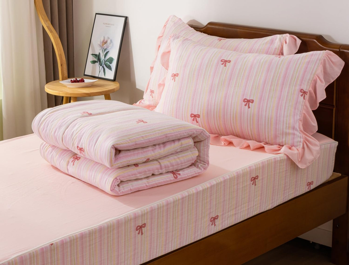 Meeting Story 3pcs Kids Comforter Set Twin Zipper Bedding Set for Girls,Bow Bedding Set Princess Comforter Set for Kid,All in one Zipper Bedding（Lightpink,Twin）