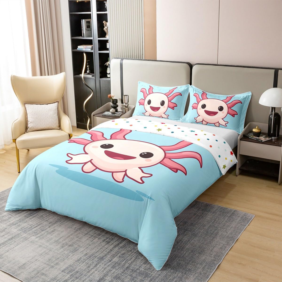 Erosebridal 100% Cotton Axolotl Duvet Cover,Cute Axolotl Bedding Set Queen Size, Kawaii Comforter Cover, Cartoon Axolotls Quilt Cover, Wildlife Animals Bedspread Cover for Kids Boys Girls Teens, Blue