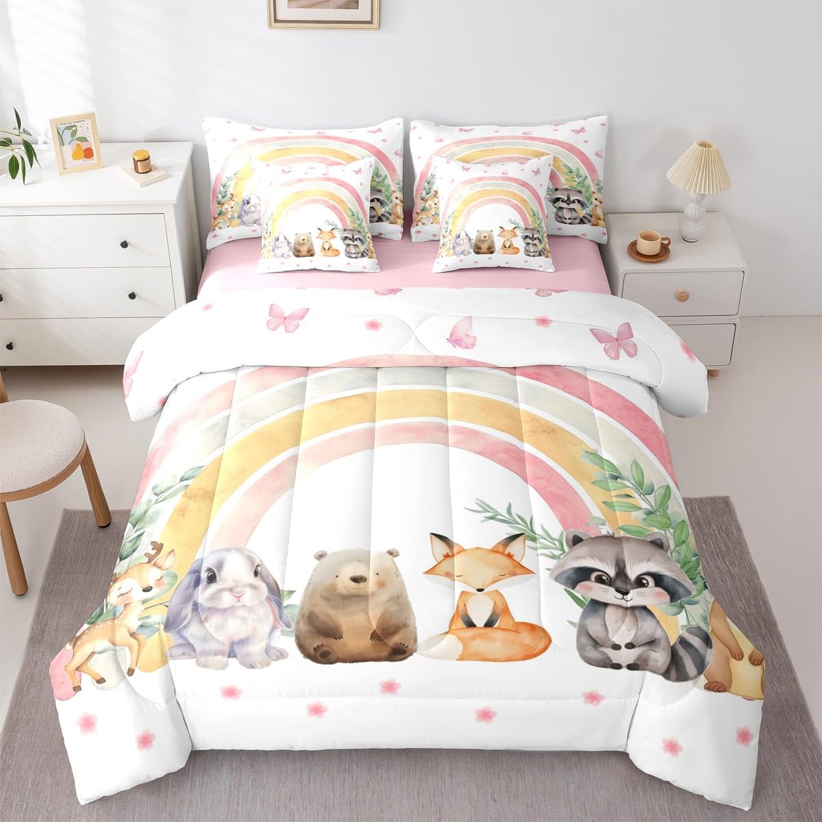 Erosebridal Cartoon Fox 7 Piece Bedding Set King Deer Comforter Set with Sheets Cute Bear Raccoon Otter Rabbit Floral Bed in a Bag Rainbow Butterfly Leaf Pattern for Kids Boys Girls