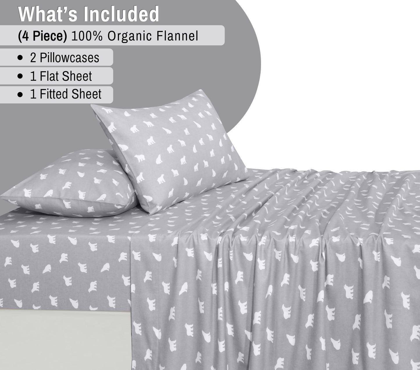 RUVANTI Flannel Sheets Queen Size - GOTS Certified 100% Organic Cotton, 4 Piece Warm, Soft & Breathable Set, Deep Pocket Snug Fit, Double Brushed Cozy All Season Bedding, Baby Bear