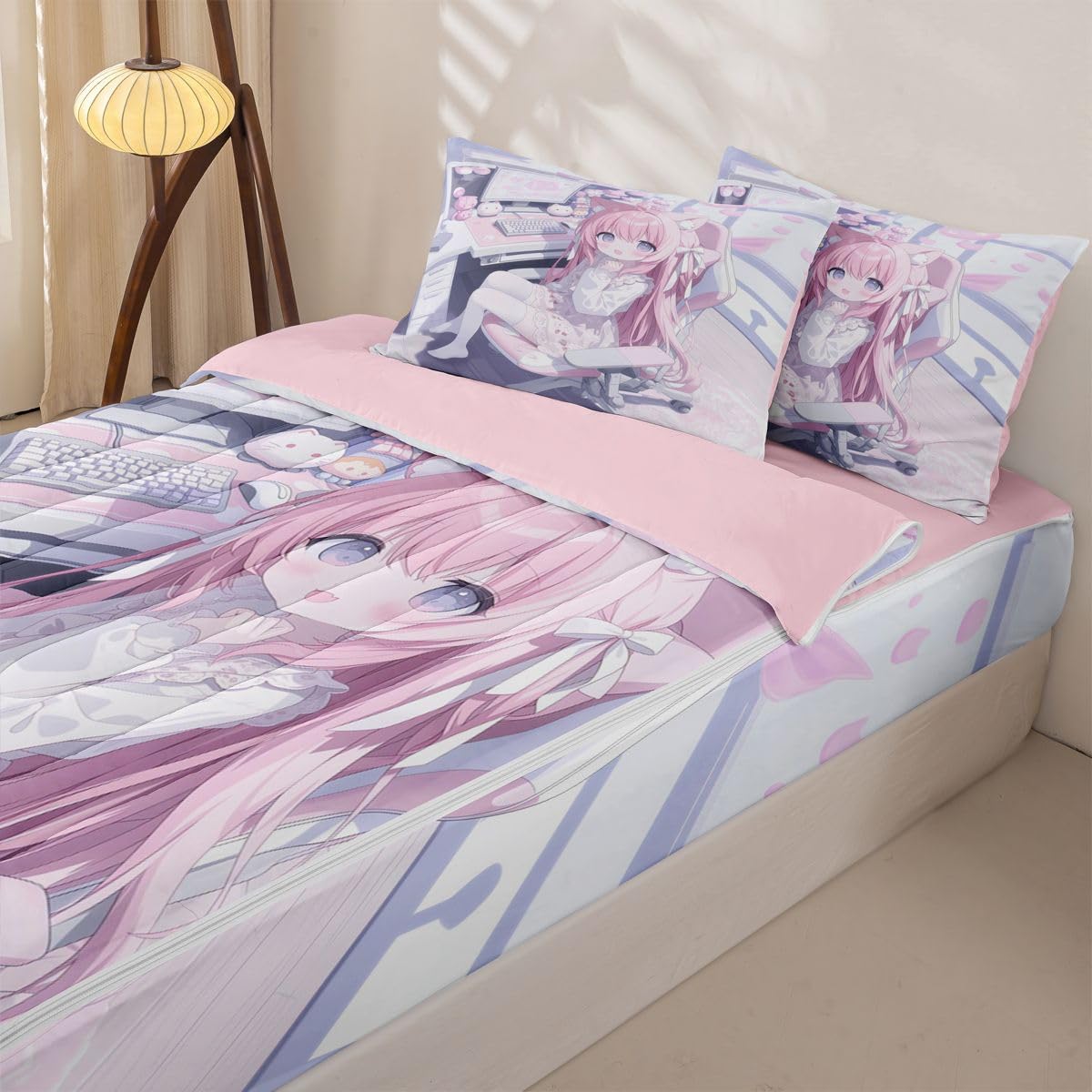 Erosebridal Kawaii E-Sports Girl Kids Comforter Set with Zipper, 3D Japanese Girl Twin Size Zipper Bedding Set, Girly Gaming Bed-in-A-Bag