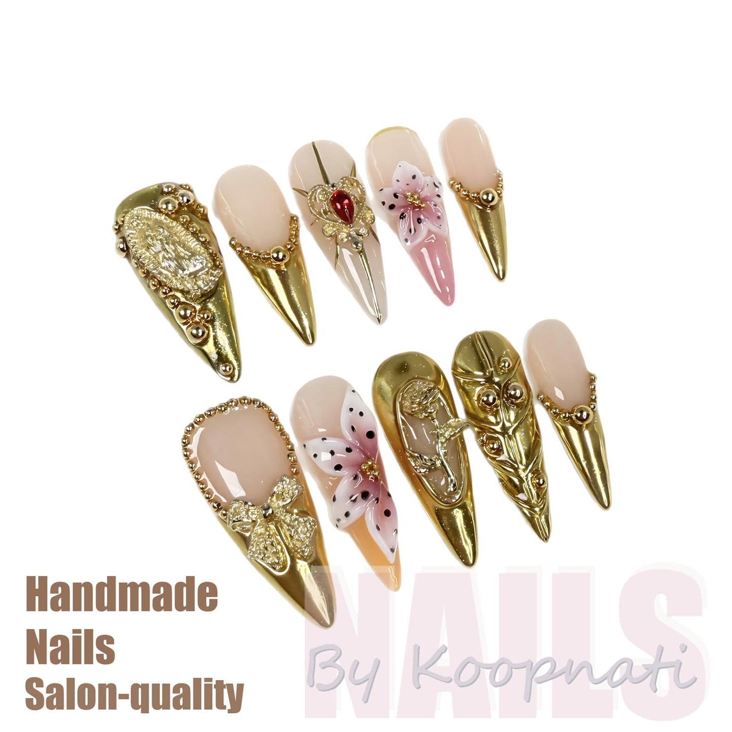 Handmade 3D Nail Art Press Ons Homemade Press On Nails French Tip With 3D Design Summer Flower Fake Nail For Women M