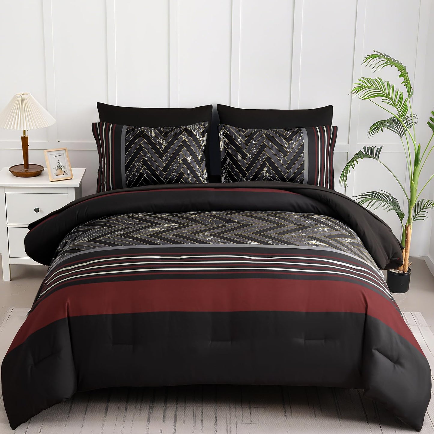 Luxudecor Black and Red Comforter Set Queen Size, 7 Pieces Stripe Geometric Bed in a Bag, Marble Comforter and Sheet Set, Soft Microfiber Complete Bedding Sets for All Seasons