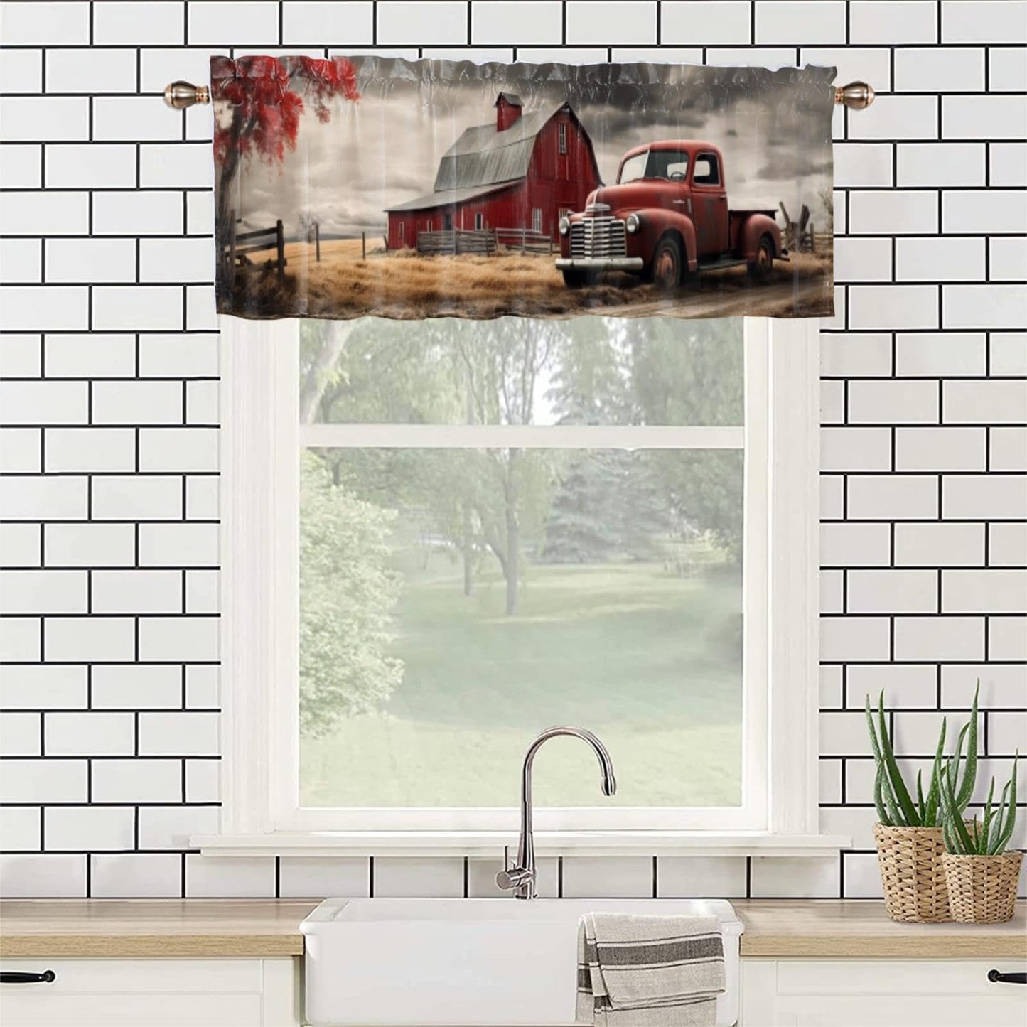 Dabuniu Vintage Red Truck Blackout Valance Curtain for Kitchen Farmhouse Old Barn Rustic Country Farm Truck Rod Pocket Valances for Bedroom Living Room Dining Room 54 by 18 in, 1 Panel