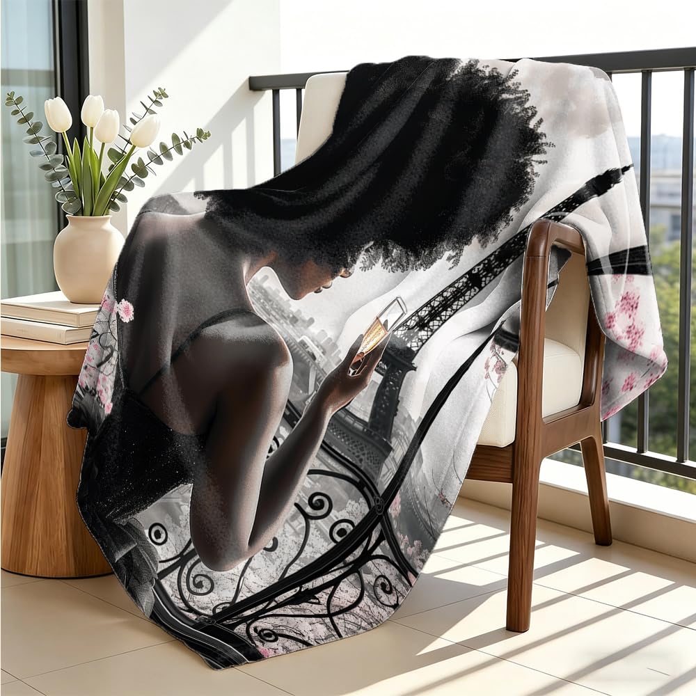 GXYAOYZG Paris Blankets Black Girl Eiffel Tower Print Black Women Flannel Throw Soft Warm Cozy Lightweight Pink Dress Blanket for Couch Sofa Bed Romantic Home Decor Women Girls Gift (49" x 59")