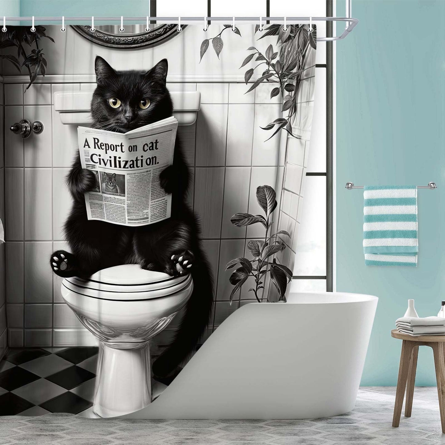 JAWO Funny Cat Shower Curtain, Humorous Black Cat Animal Sitting on Toilet Reading Newspaper Fun Shower Curtains Set, Black White Retro Waterproof Fabric Bathroom Decor Bath Curtain, 72x72 Inch