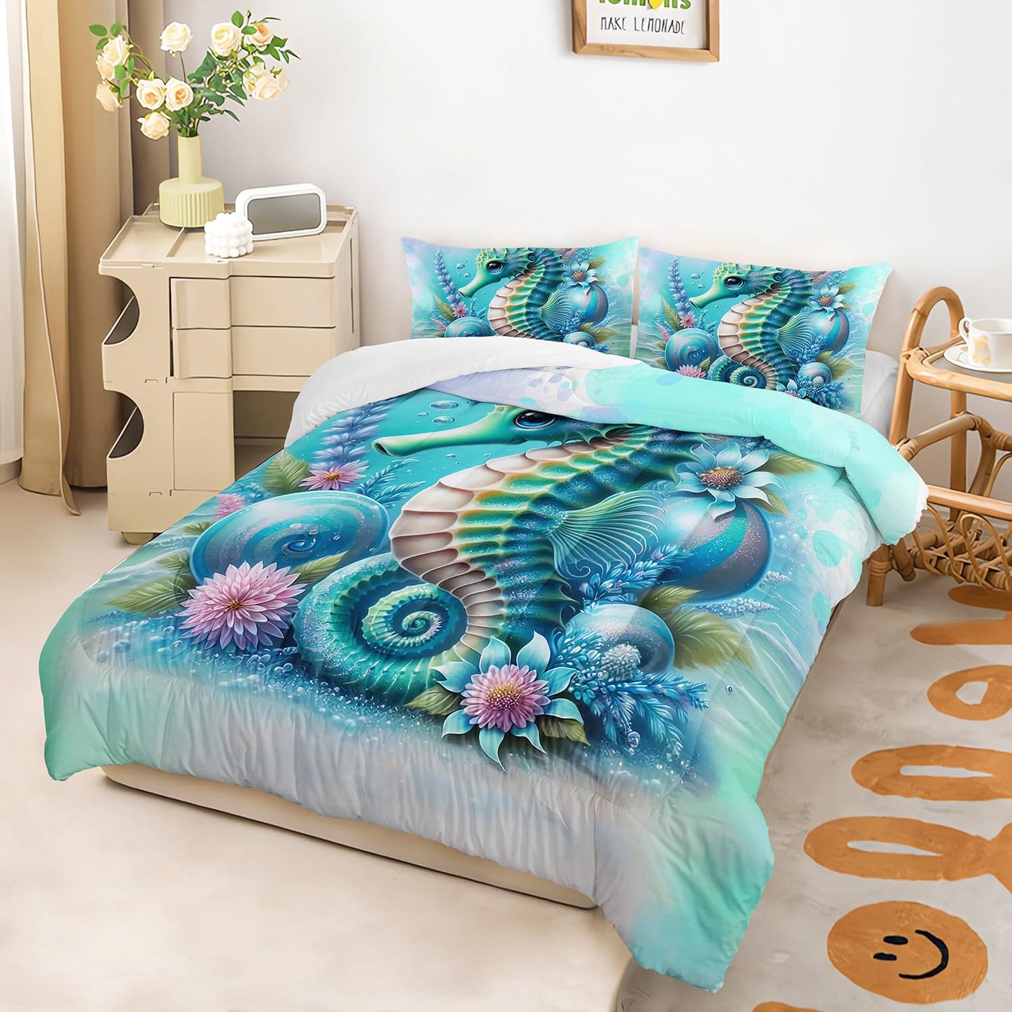 Green Seahorse Comforter 3Pcs Twin Tie-dye Blue Ocean Animal Bedding Set