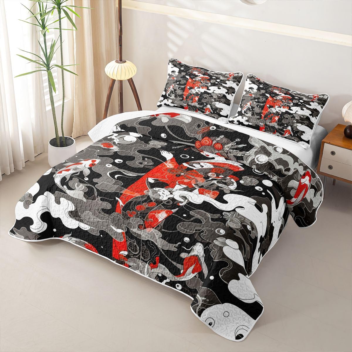 Erosebridal Japanese Geisha Quilts Twin Size - Japanese Smoky Clouds Bedspread Coverlet Set, Koi Fish Quilt Coverlets 2Pcs (Only 1 Pillowcase)