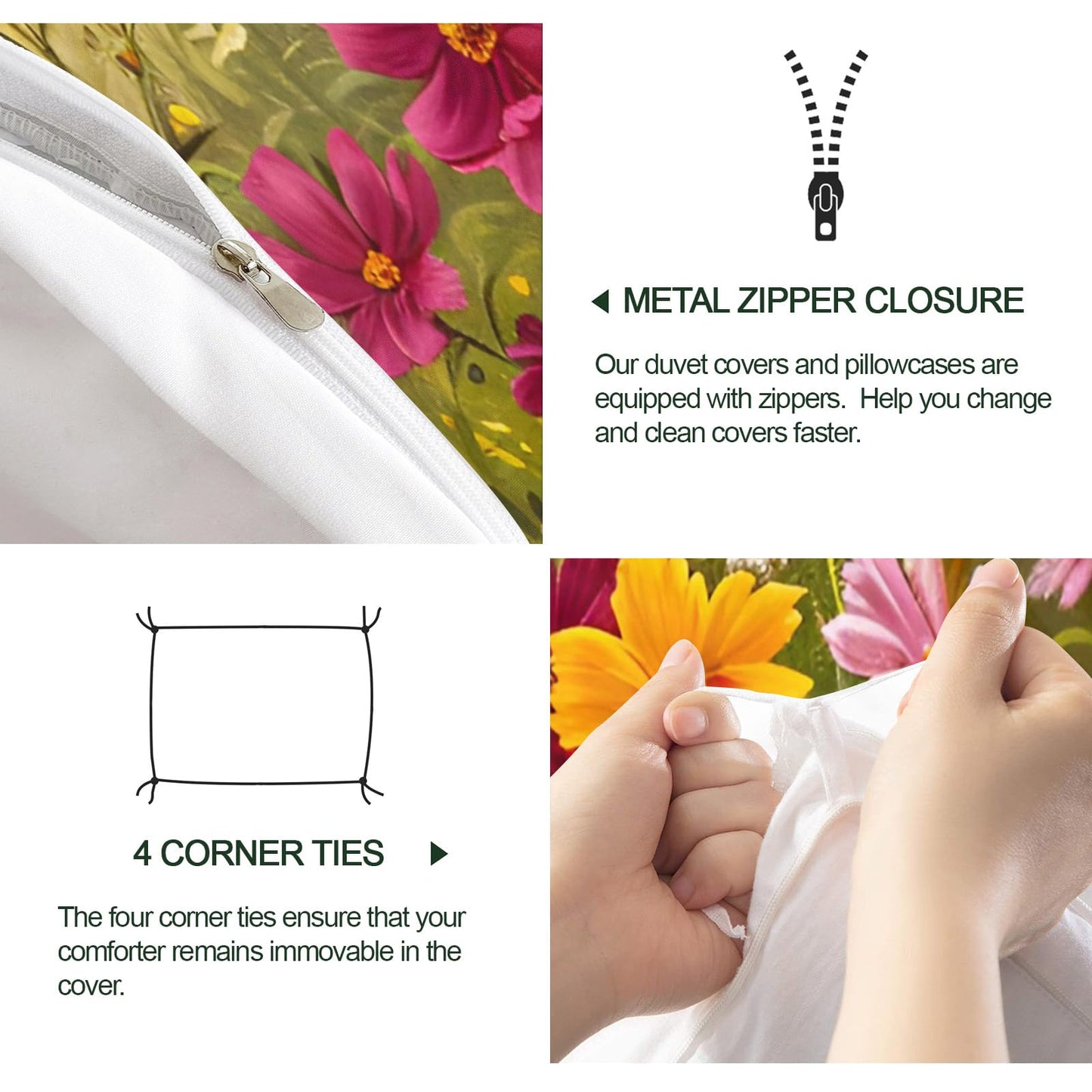QINYUN Floral Comforter Set Oversized King, Vibrant Floral Bedding Set 3 Piece, Spring Wildflower Duvet Cover with Zipper & Ties, 2 Pillowcases