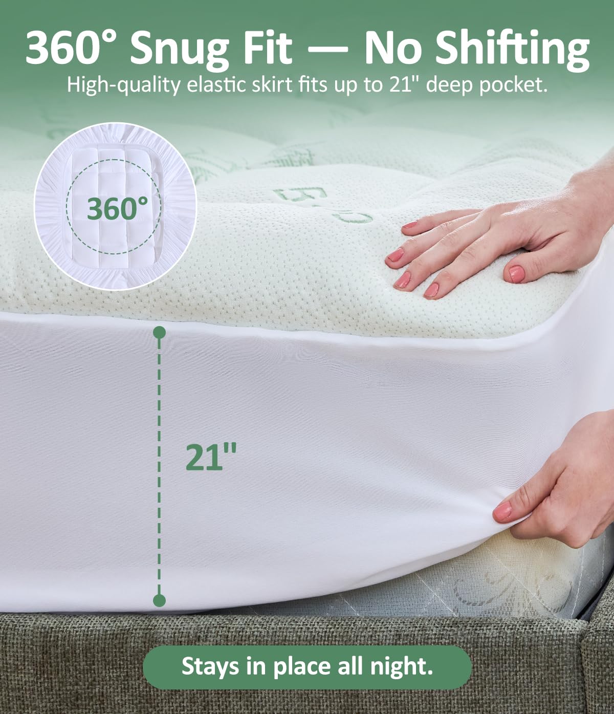 Fracho Ultra Soft Mattress Topper Queen Size - Rayon Made from Bamboo Cooling Mattress Topper - 1000GSM Plush Pillow Top Bed Pad, Naturally Breathable & Supportive for Hot Sleepers, Green