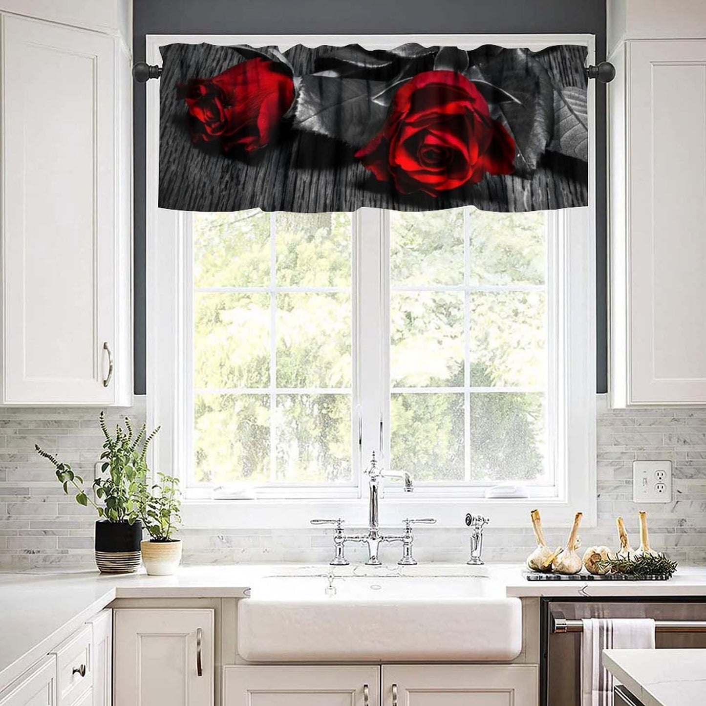 AAVEUP Rose Valance Curtain Romantic Retro Country Style Black and White Elegant Art Red Rose Valances Window Treatment for Kitchen Girls Bedroom Living Room 54x18In