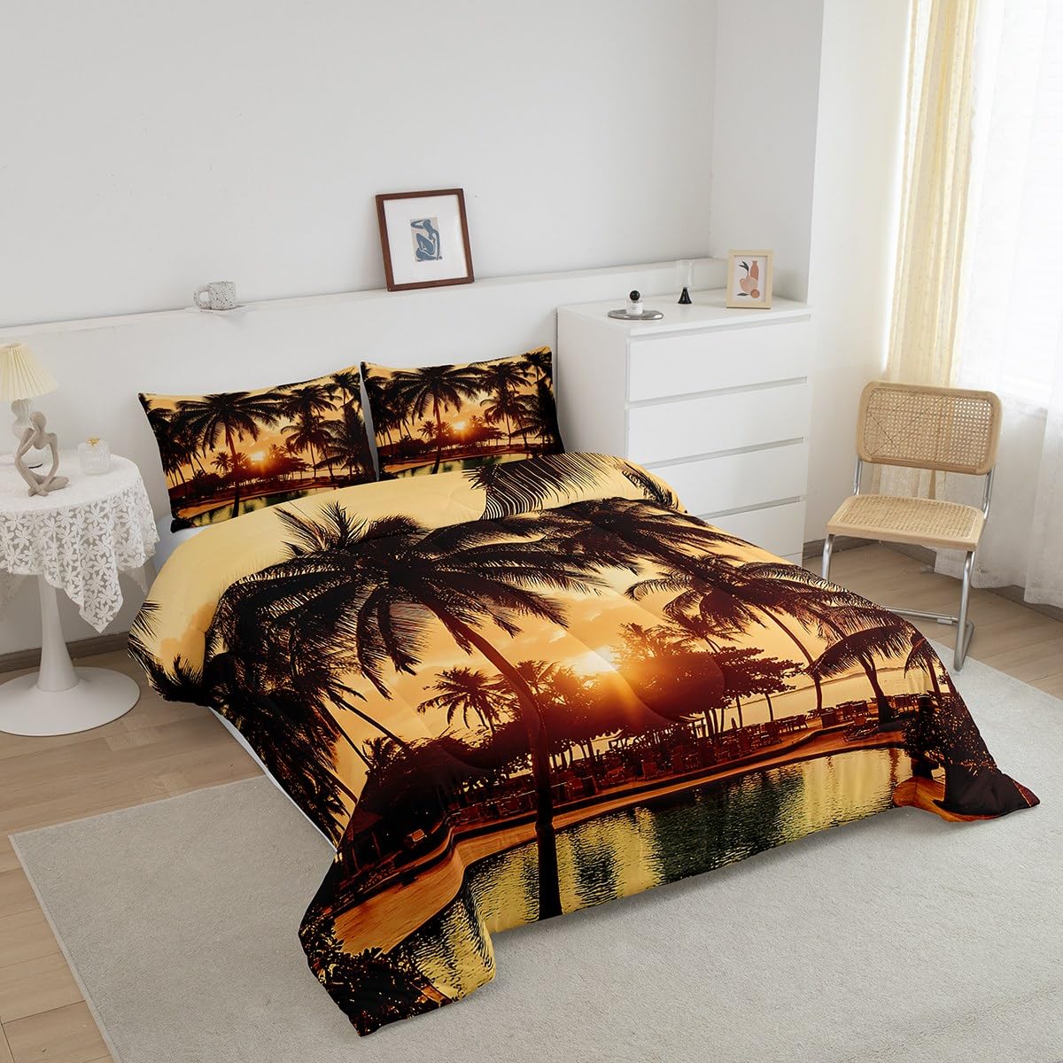 jejeloiu Palm Tree Bedding Set Full Size Kids Palm Leaf Comforter for Boys Girls Hawaiian Tropical Island Comforter Set Summer Duvet Set Room Decorations Quilt Set