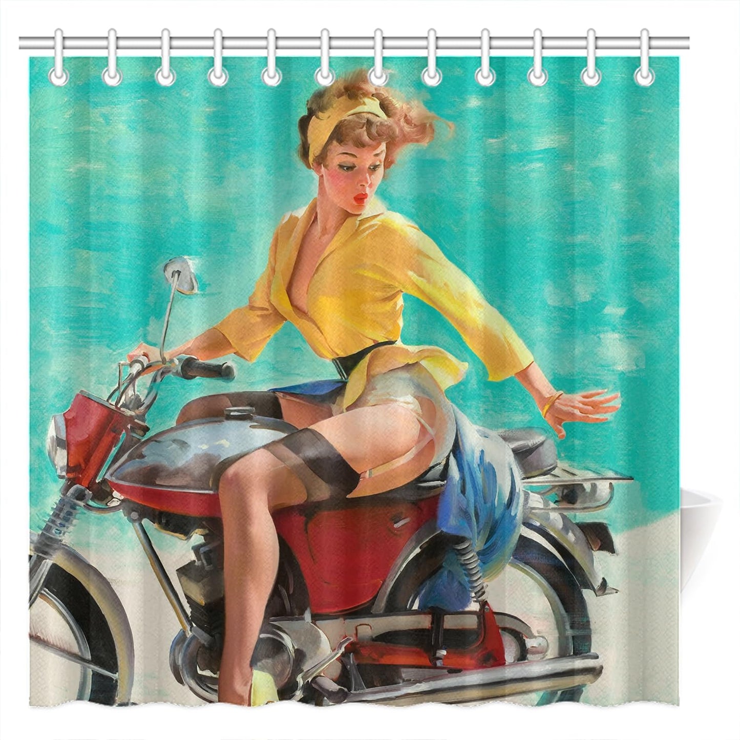 FUNNY KIDS' HOME Retro Pin up Girl Shower Curtains for Bathroom Oil Painting Art Canvas Style Bathroom Decor Sexy Lady Ride a Mortorbike Waterproof Polyester 72(w) x72(h)