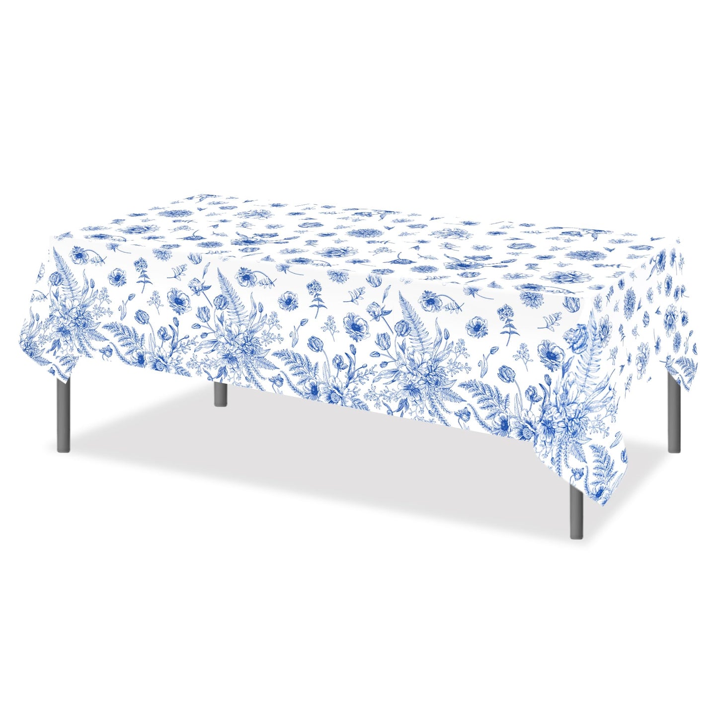 CC HOME 1Pc Vintage Blue Flowers Party Plastic Tablecloth 54 x 87 Inch Long Table Cover, Spring Fresh Floral Party Tablecover for Blue Flowers Kids Baby Shower Birthday Dinner Picnic Kitchen Event