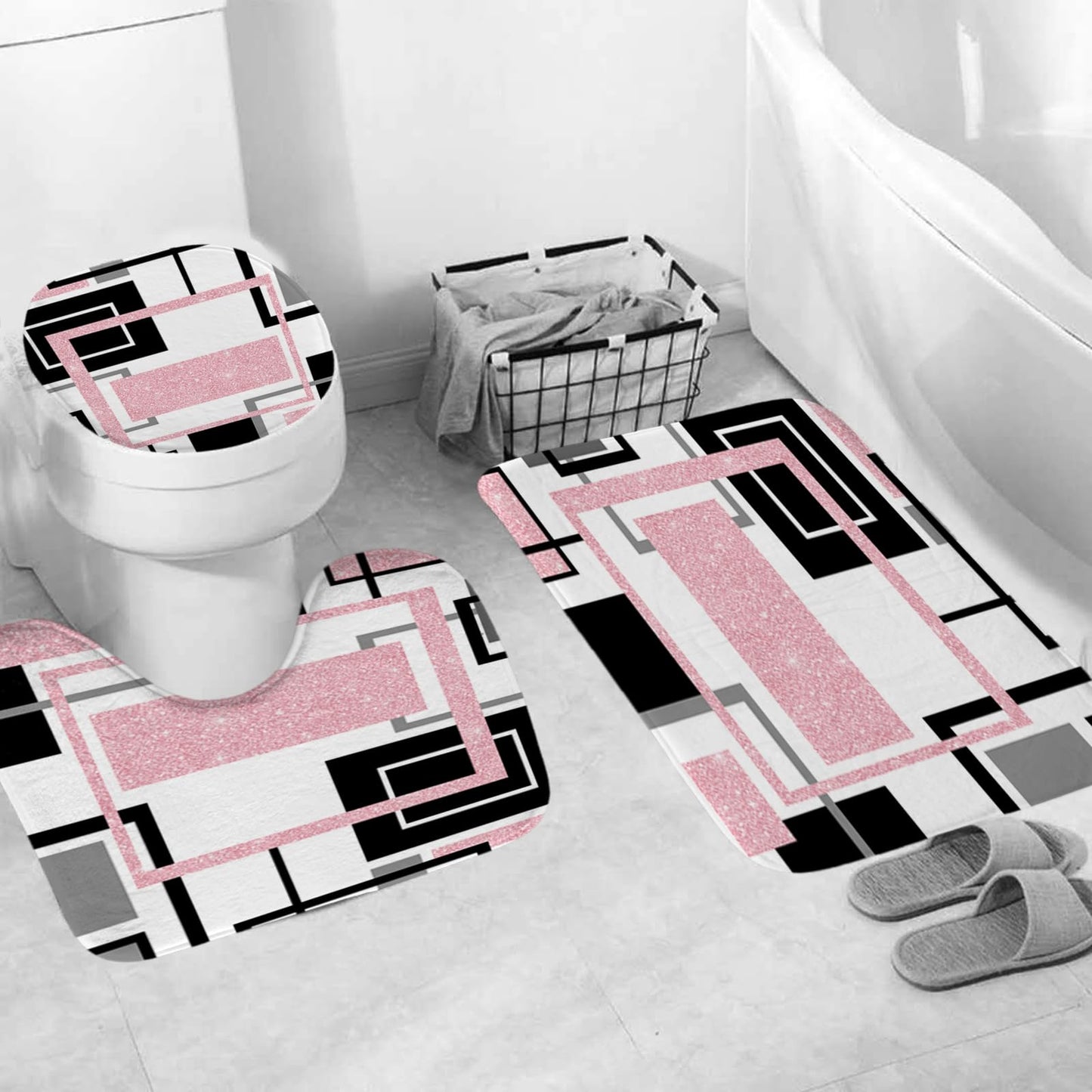 Onalasyc 4Pcs Pink Geometric Shower Curtain with Rugs Set Waterproof Pink Bathroom Sets with Shower Curtain and Rugs Abstract Geometric Modern Bathroom Curtains Shower Set with 12 pcs Hooks