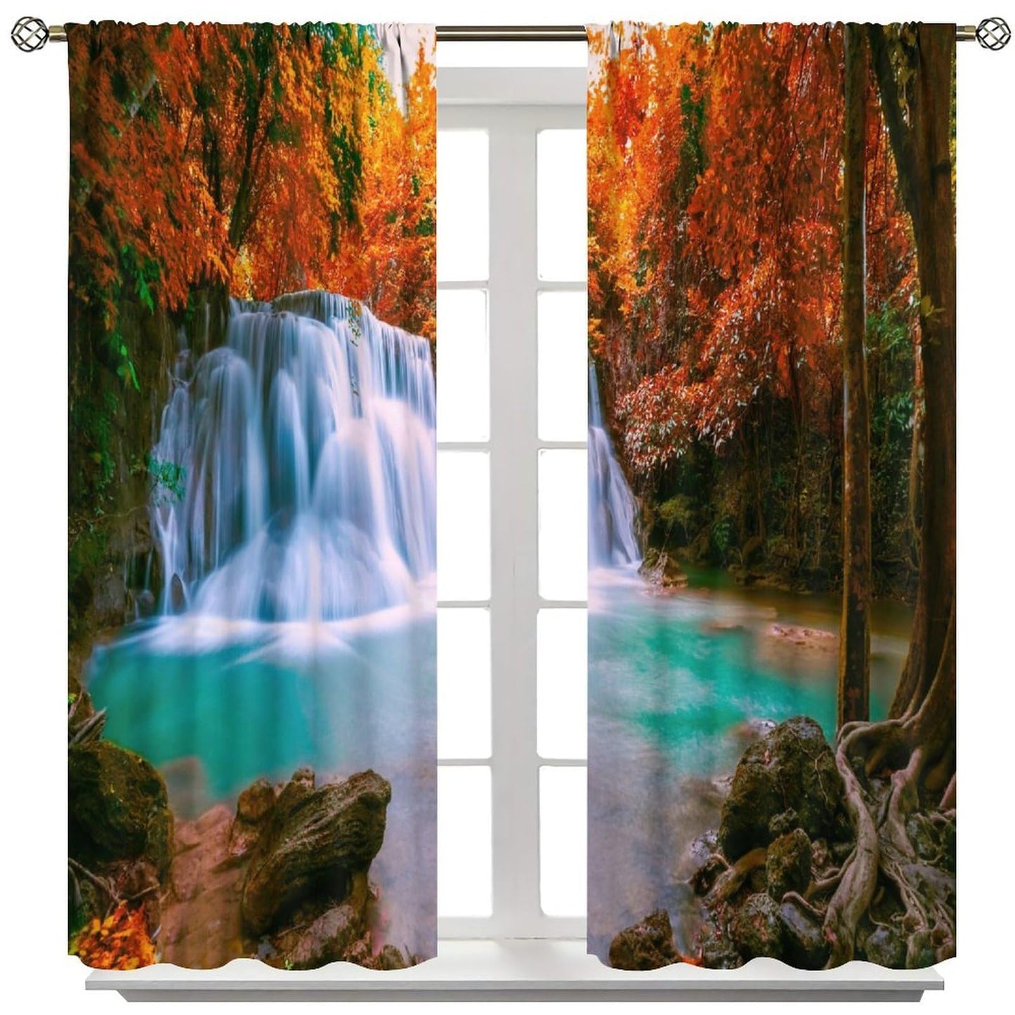 GoDazzling Autumn Forest Waterfall Blackout Curtains, Fall Leaves Trees Jungle Country Nature Landscape Window Drapes, for Bedroom Living Room 42" W X 45" L