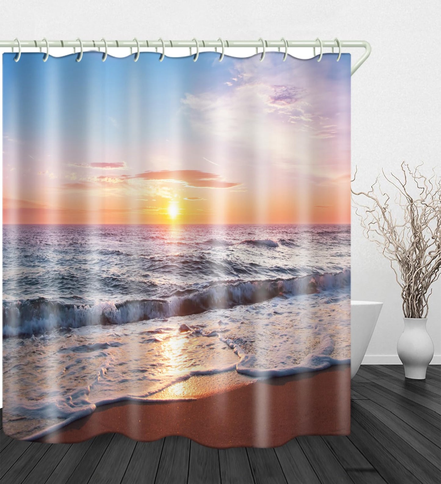 LYFANS Bathroom 3D Beach Sunset Decorative Shower Curtains, Fabric Shower Curtains with 12 Curtain Hooks, Bathtub Shower Curtain, 72x79 inch Waterproof Shower Curtain
