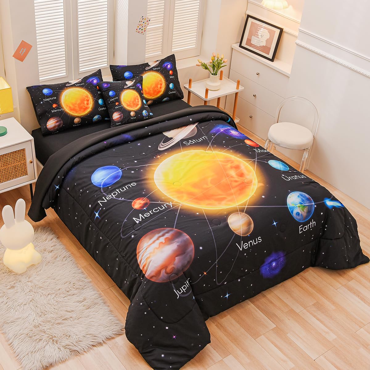 Tasselily 6 Pcs Bed in A Bag Twin Comforter Set for Boys, Solar System Universe Planet Comforter, Space Bedding Sets with Sheets for Kids