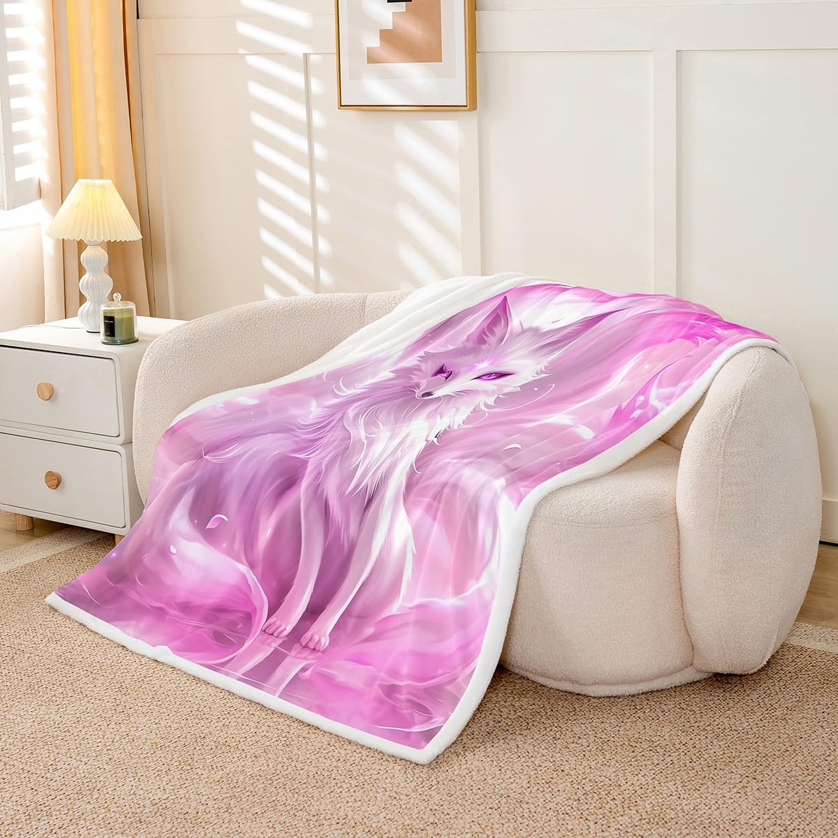 Erosebridal Arctic Fox Fleece Blanket Nine Tailed Fox Sherpa Blanket 90"x90", Mythical Animals Jungle Wildlife Magical Fuzzy Plush Throw